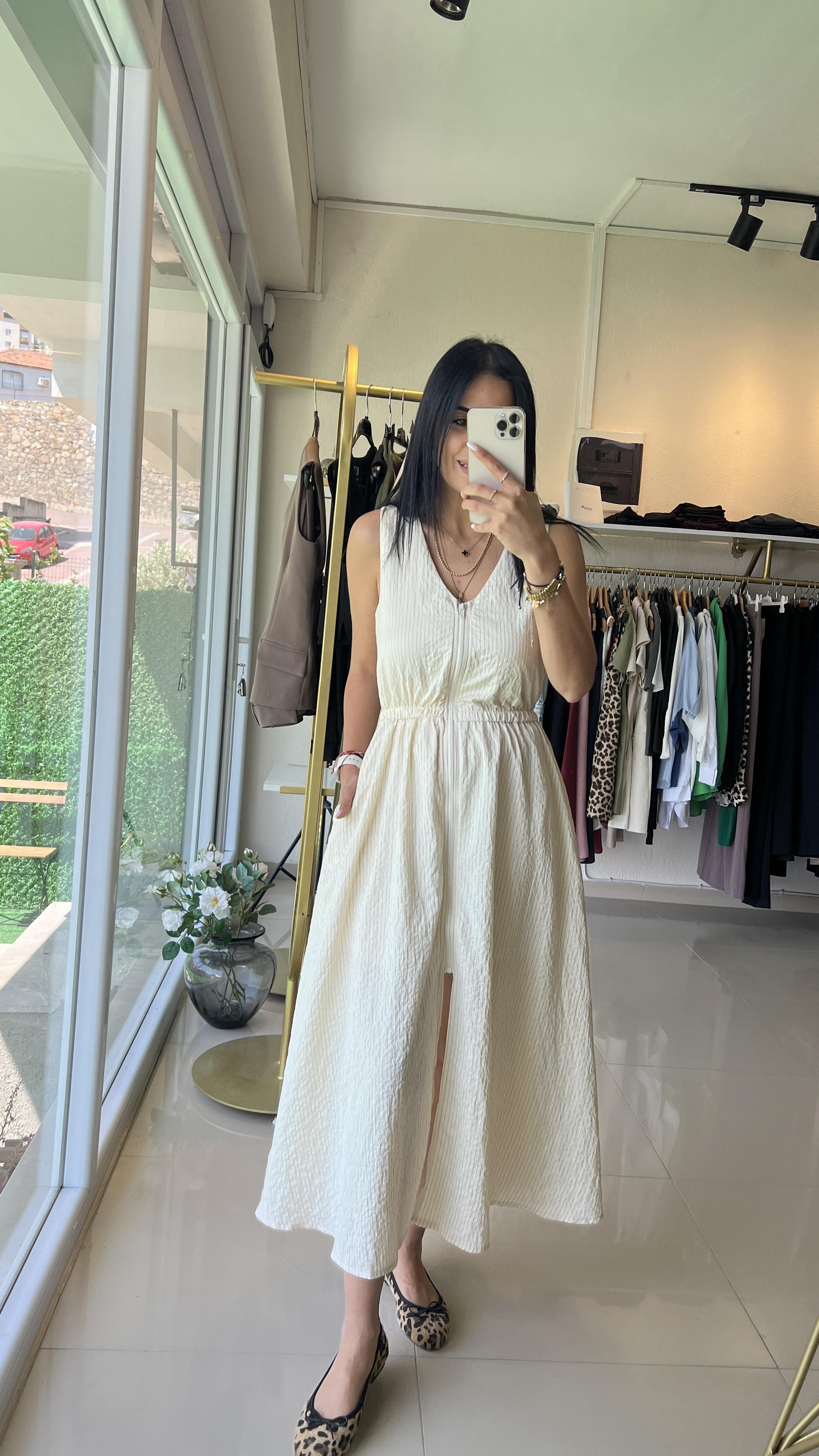 36085 FERMUARLI ASTARLI MODAL KUMAŞ ELBİSE EKRU