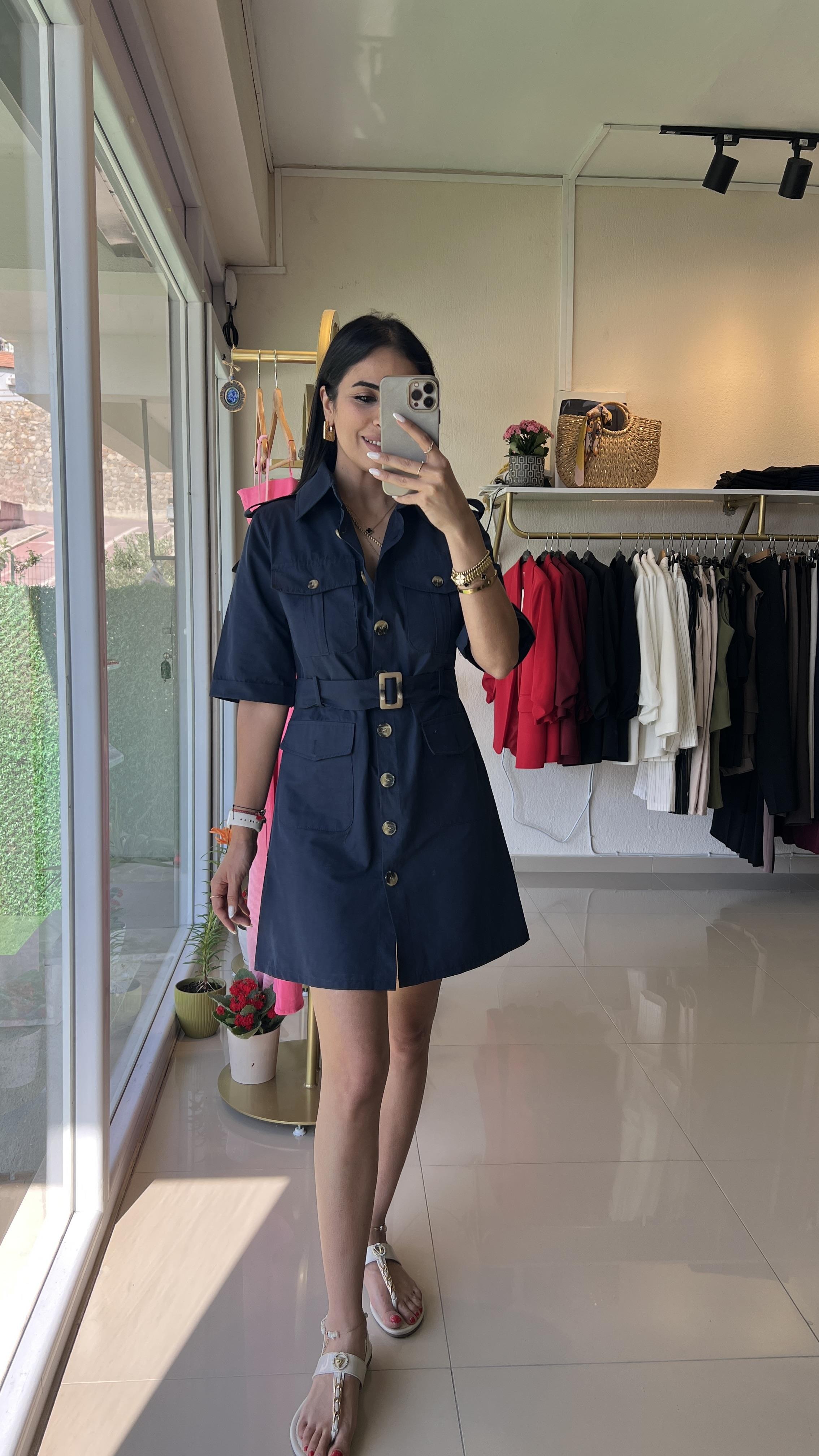 36329 DÜĞMELİ MİNİ ELBİSE LACİVERT