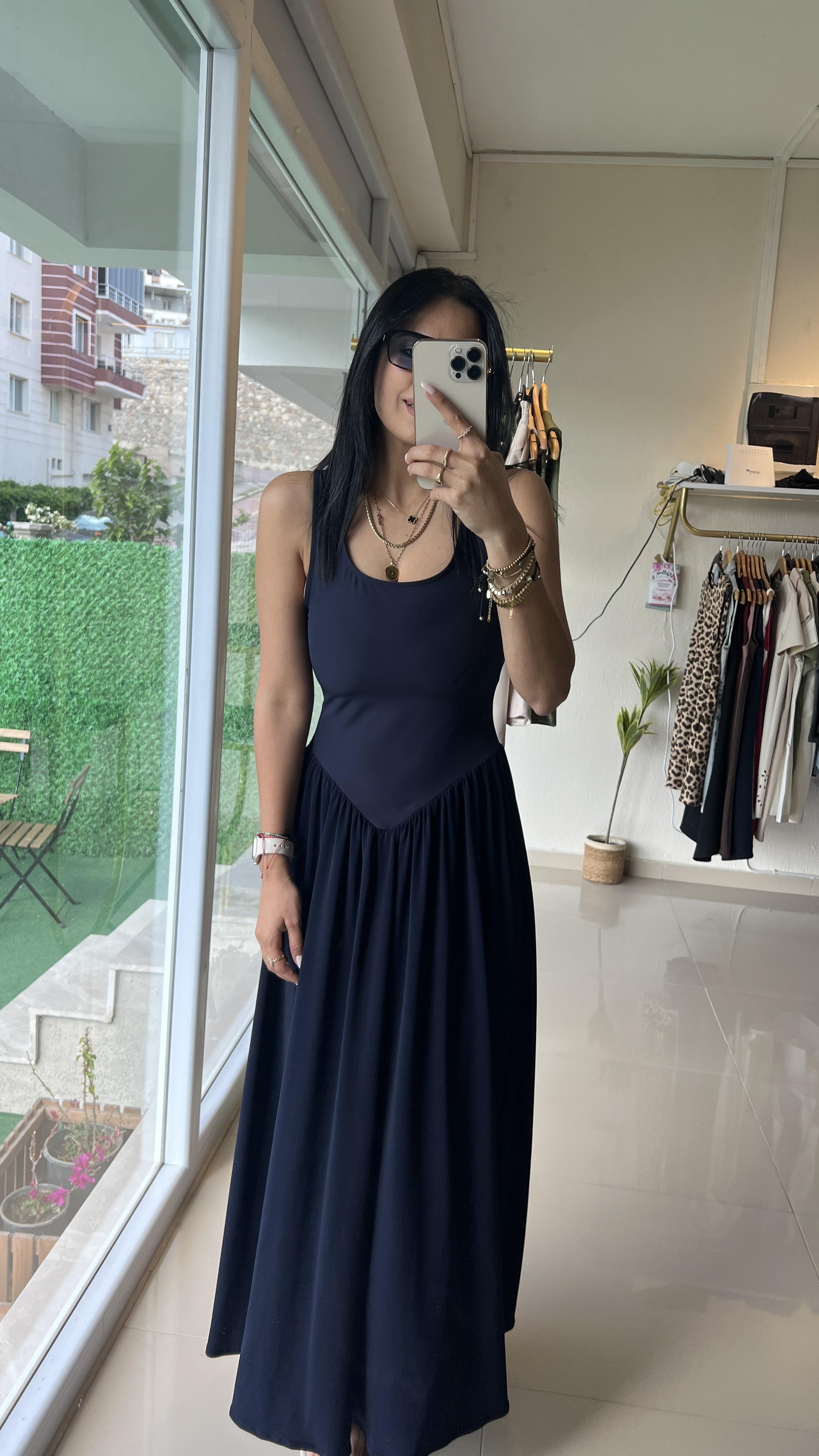 36331 KALIN ASKILI SANDY ELBİSE LACİVERT