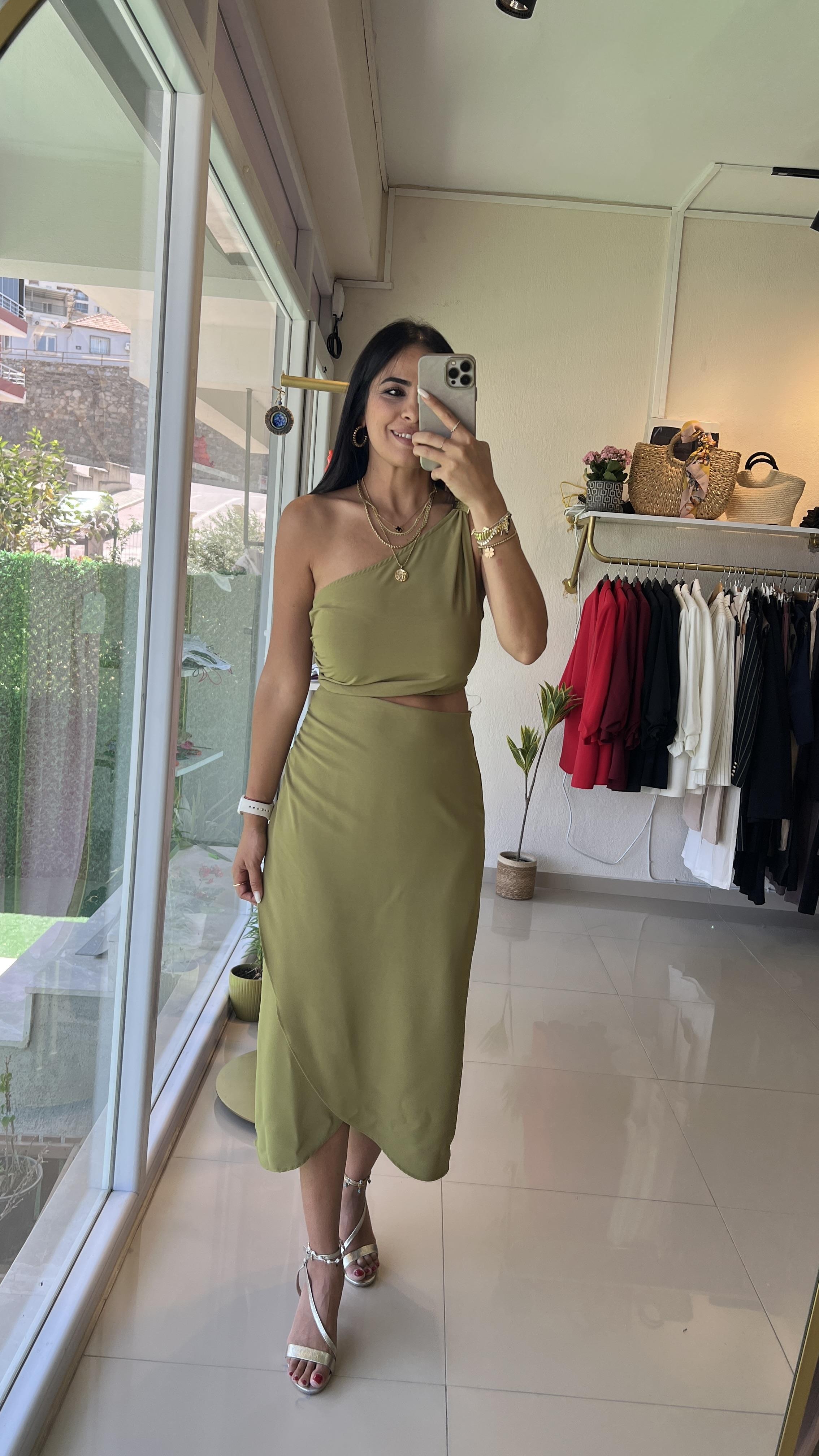36444 PENCERE DETAYLI ELBİSE YAĞ YEŞİLİ