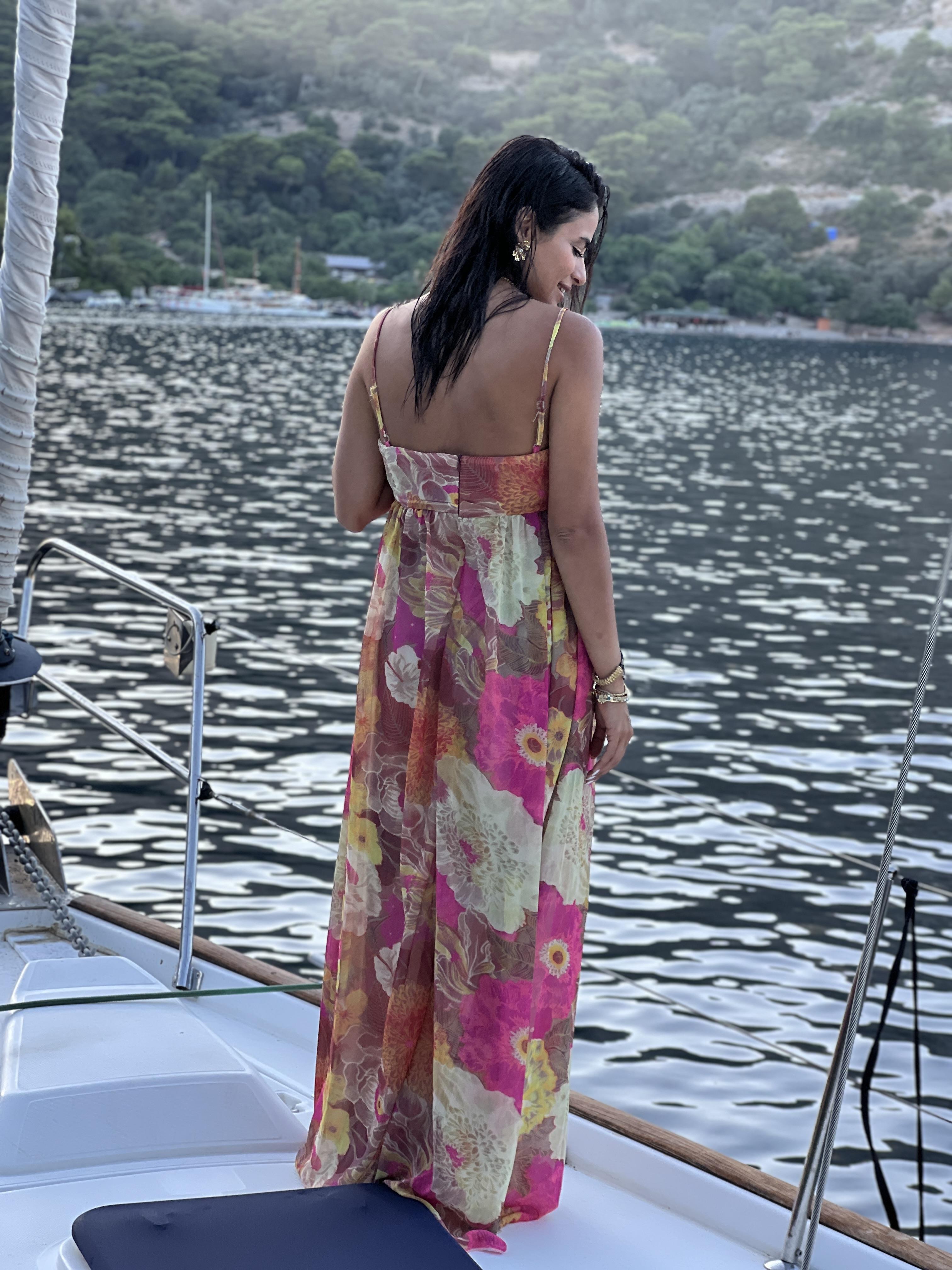 36509 ZR MODEL İNCE ASKILI ÇİÇEK BASKILI ASTRLI TÜL ELBİSE L 