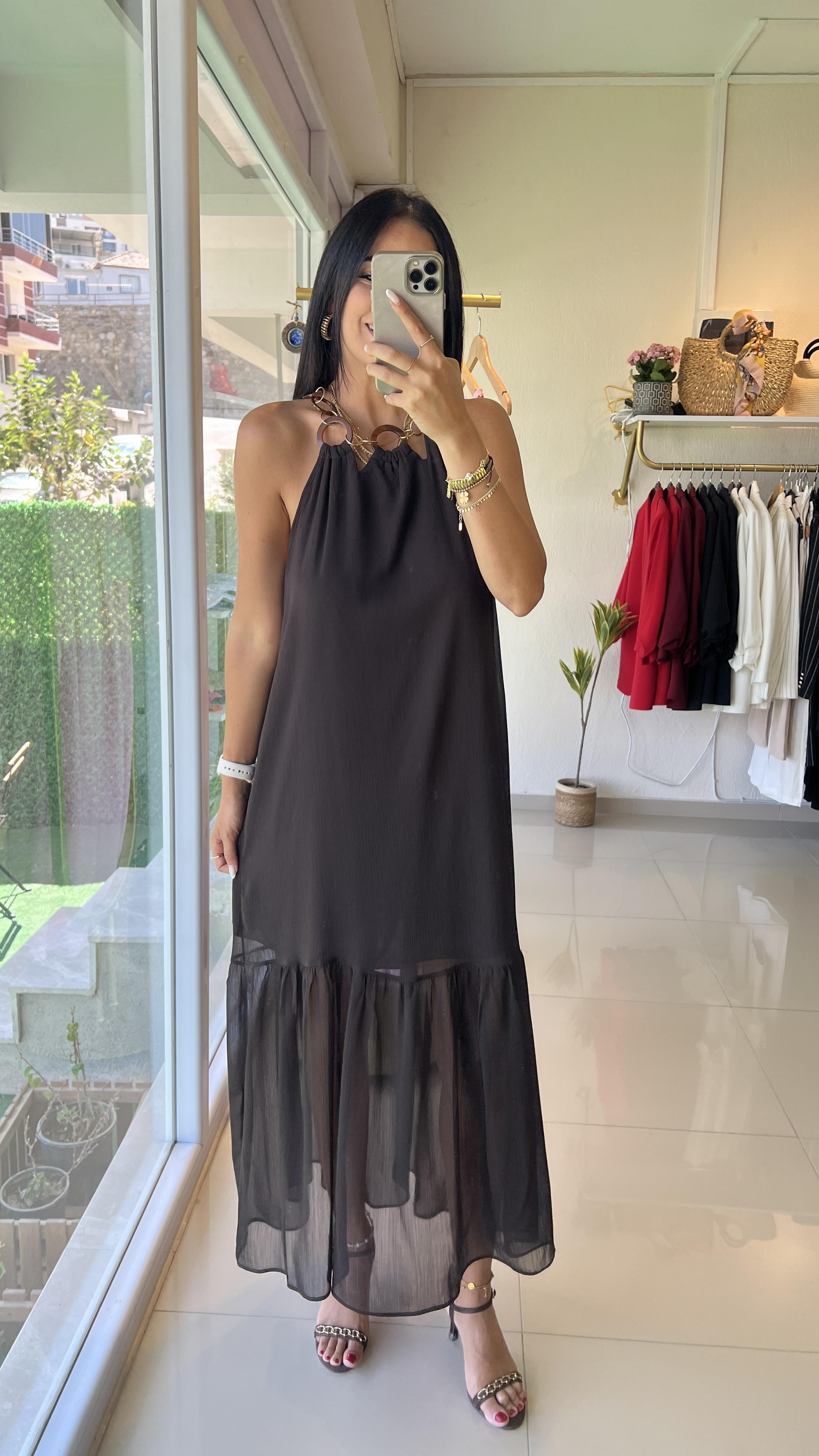 36542 HALKALI HALTER YAKA MİDİ ELBİSE KAHVE
