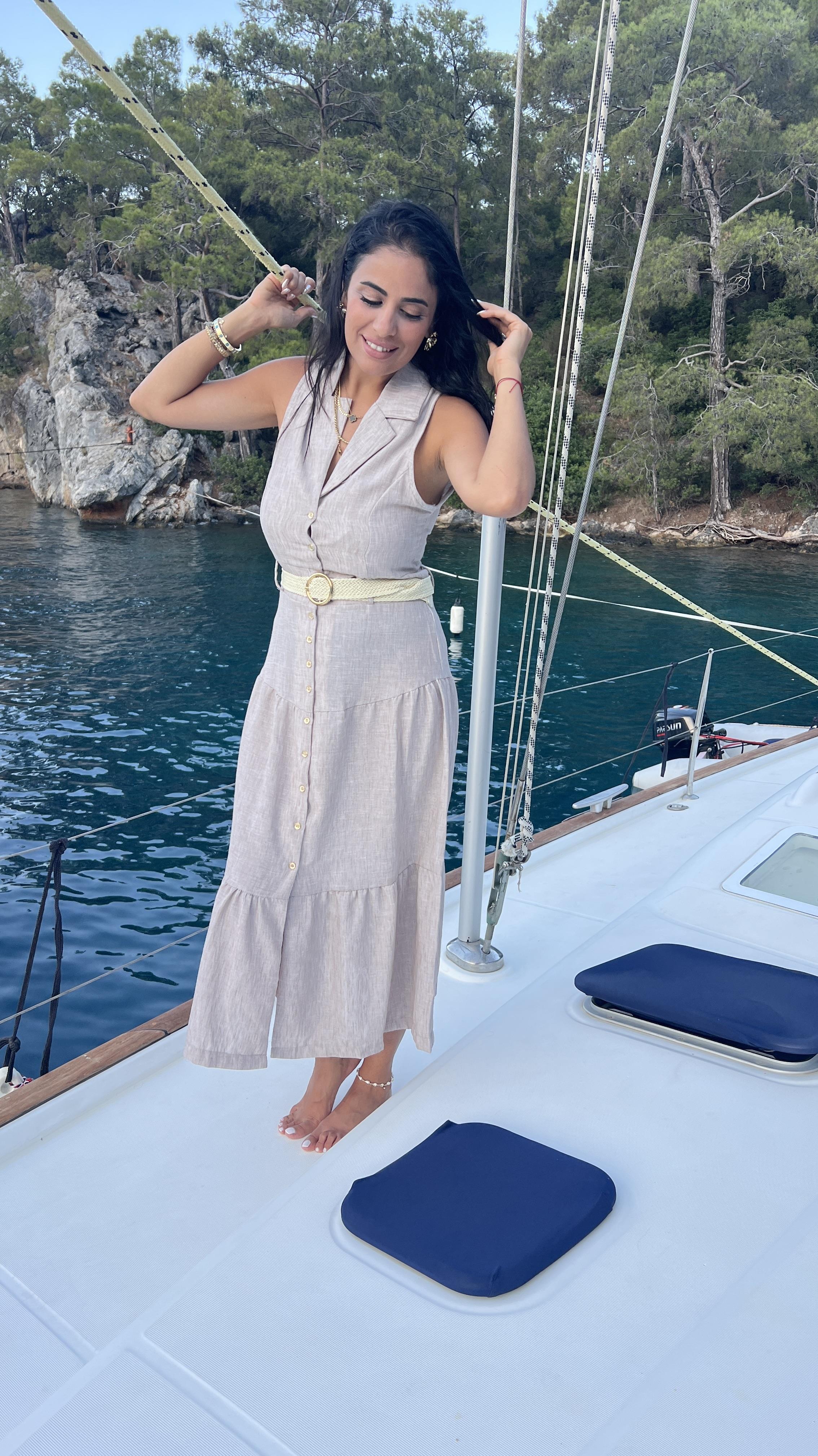 36549 ZR MODEL KETEN KEMERLİ MİDİ ELBİSE BEJ 