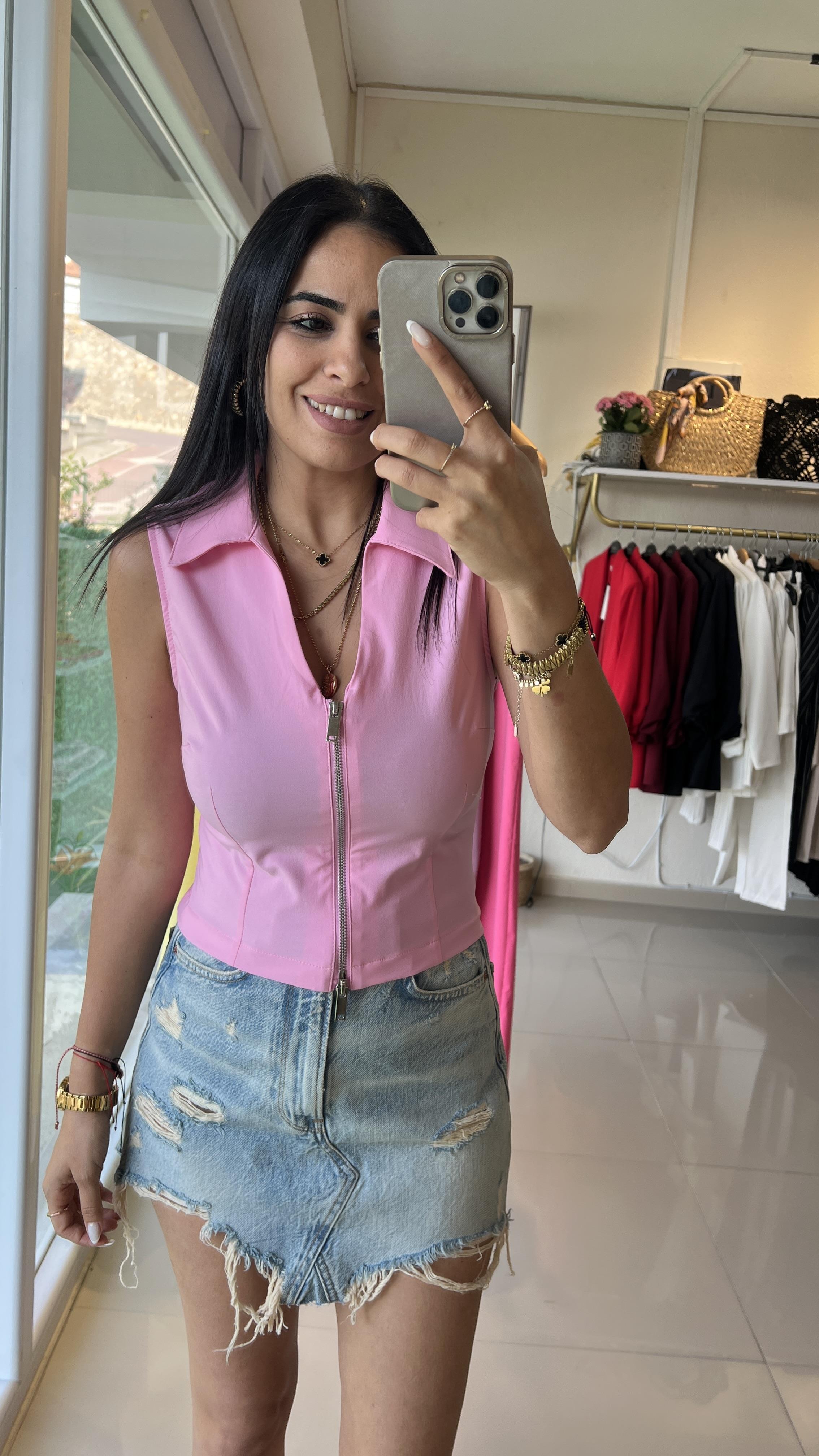 588 FERMUAR DETAYLI BLUZ PEMBE