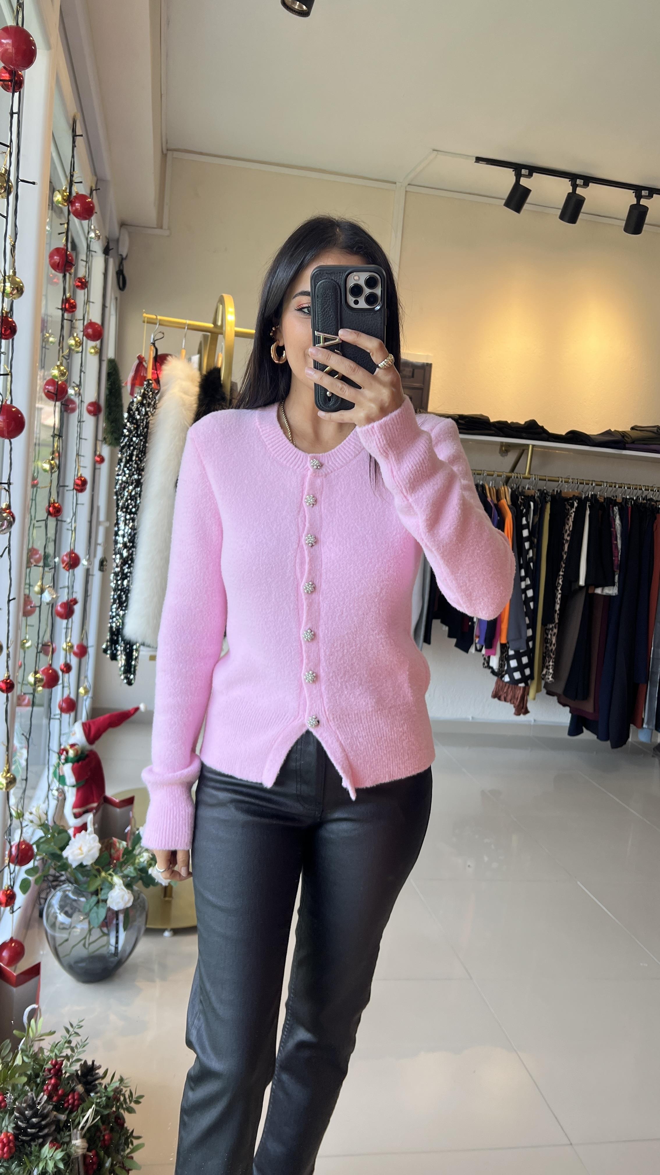 60198 BİSİKLET YAKA İNCİ DÜĞMELİ HIRKA PEMBE