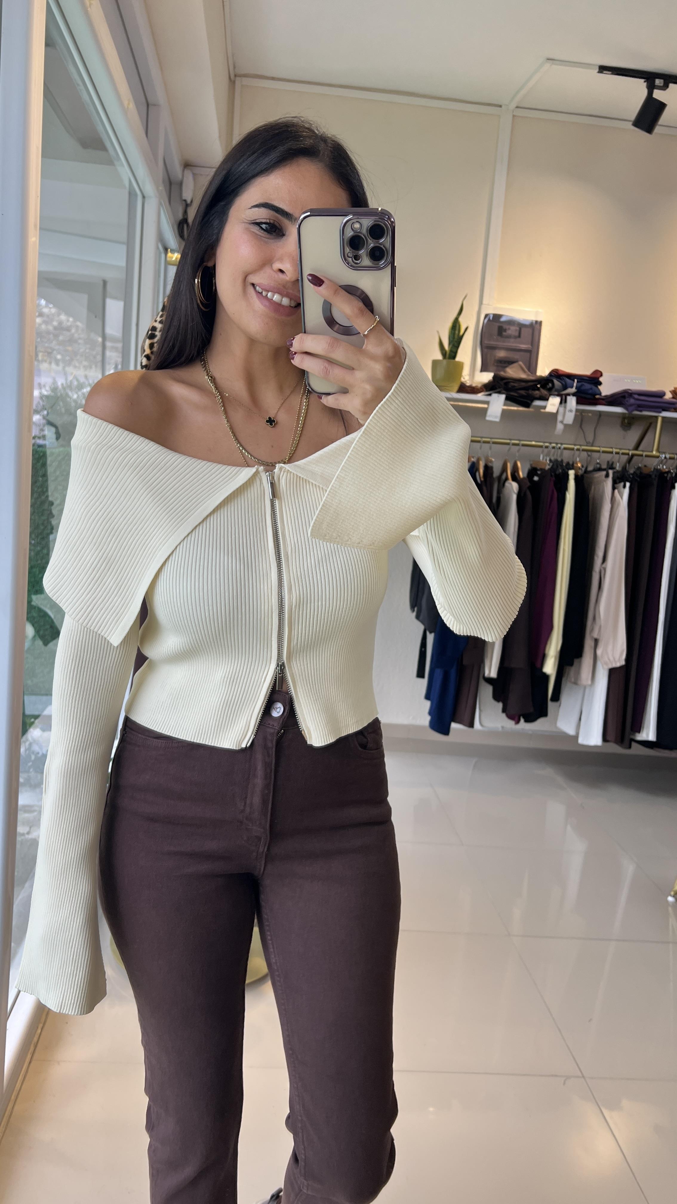 60252 Fermuarlı Fitilli Triko Hırka Natural