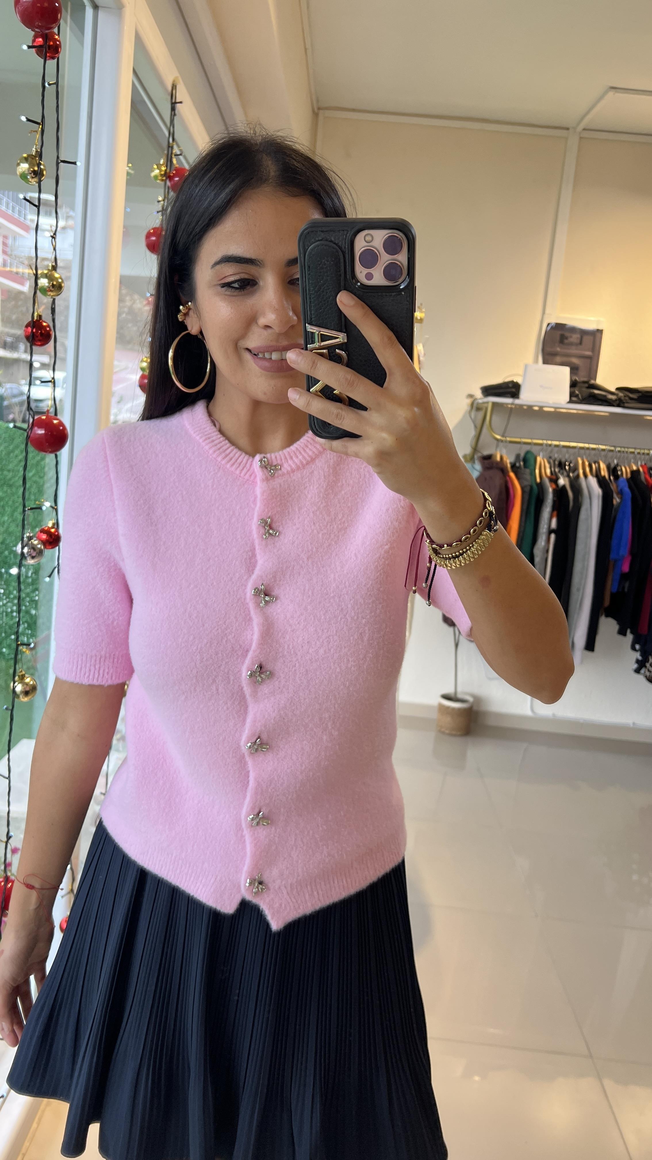 60284 BİSİKLET YAKA YUMUŞAK DOKULU DÜĞMELİ TRİKO HIRKA PEMBE