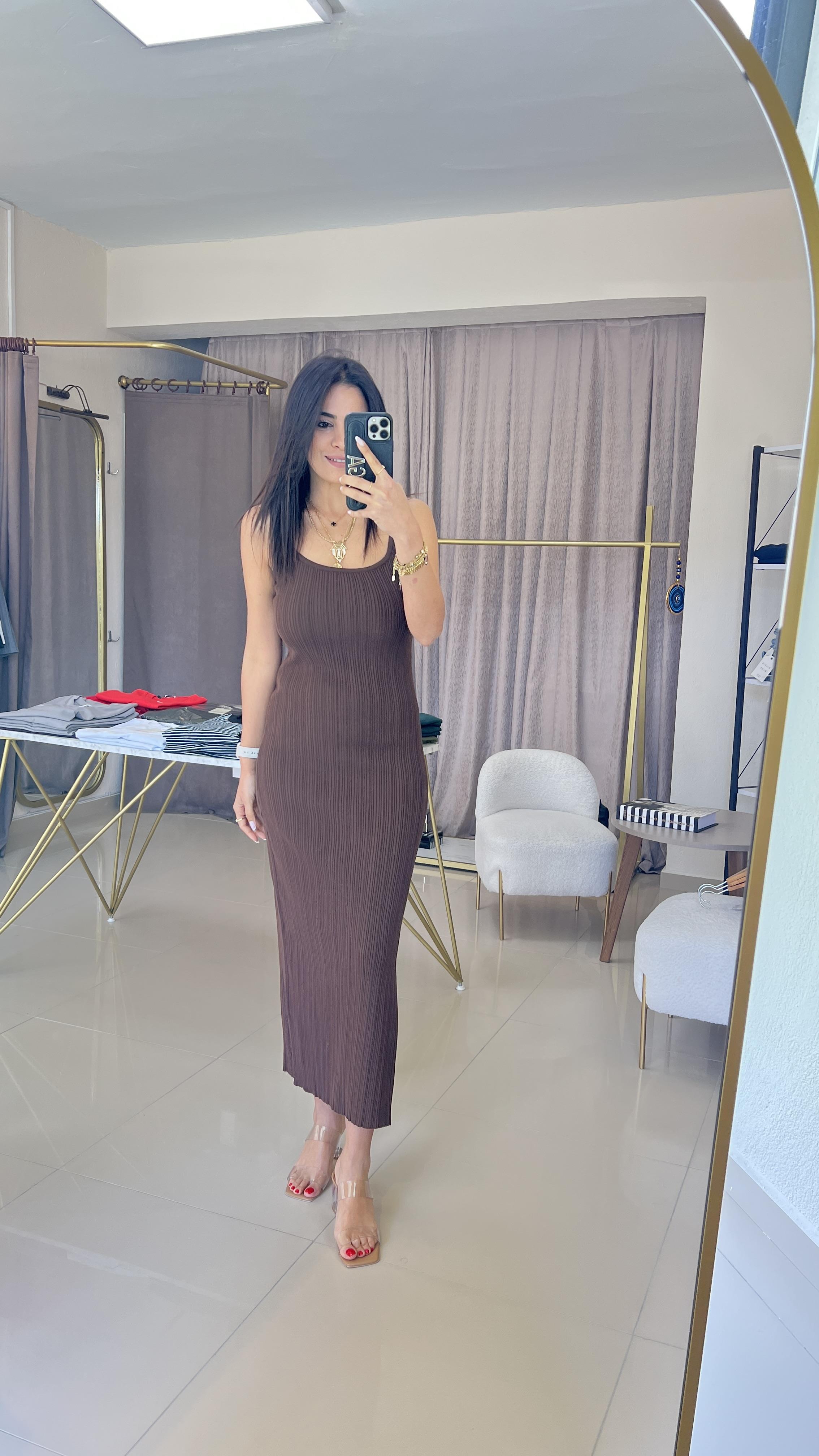 90139 DİLVİN PREMİUM ASKILI ELBİSE  KAHVE