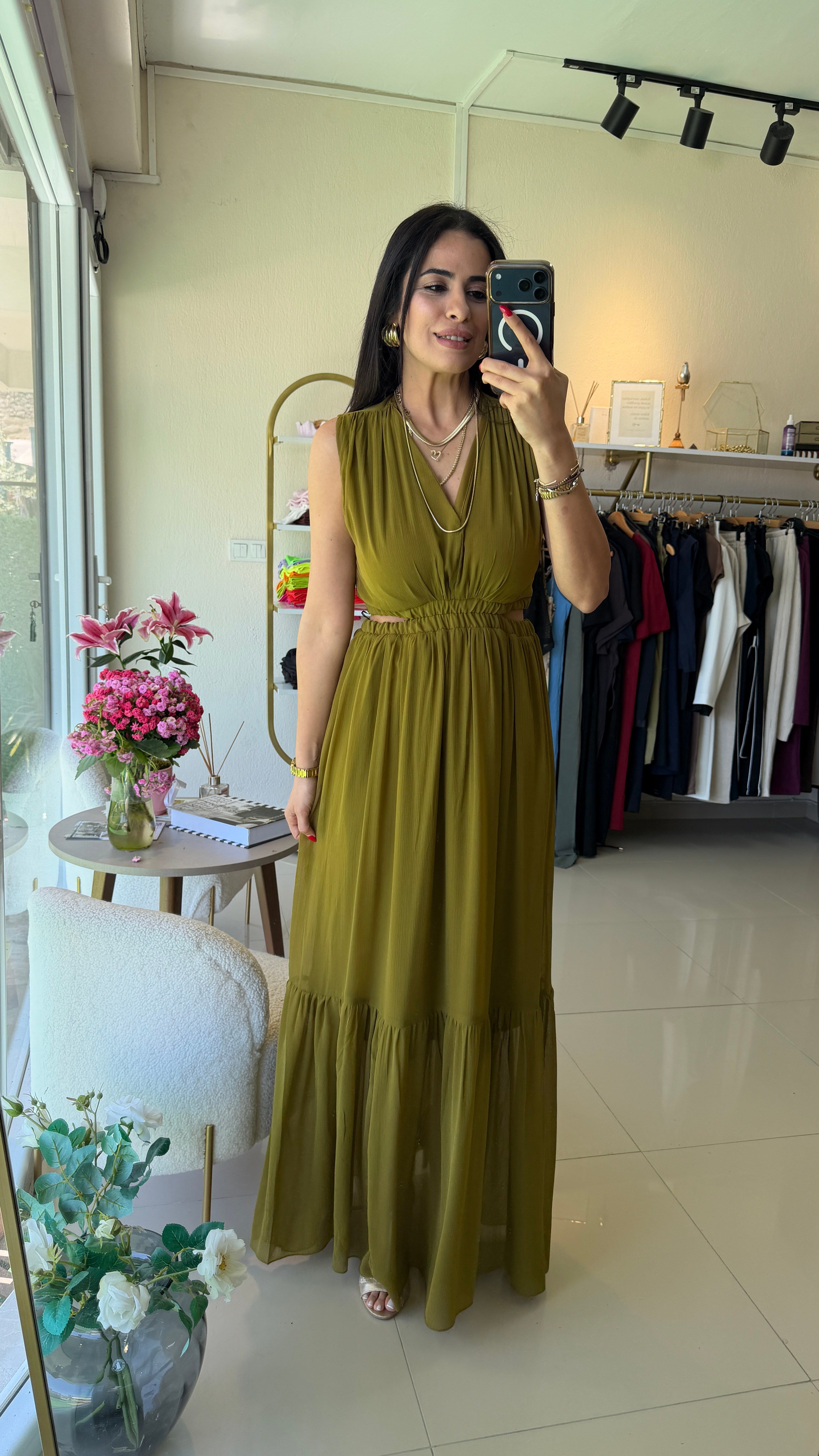 BEL DETAYLI ELBİSE YAĞ YEŞİLİ