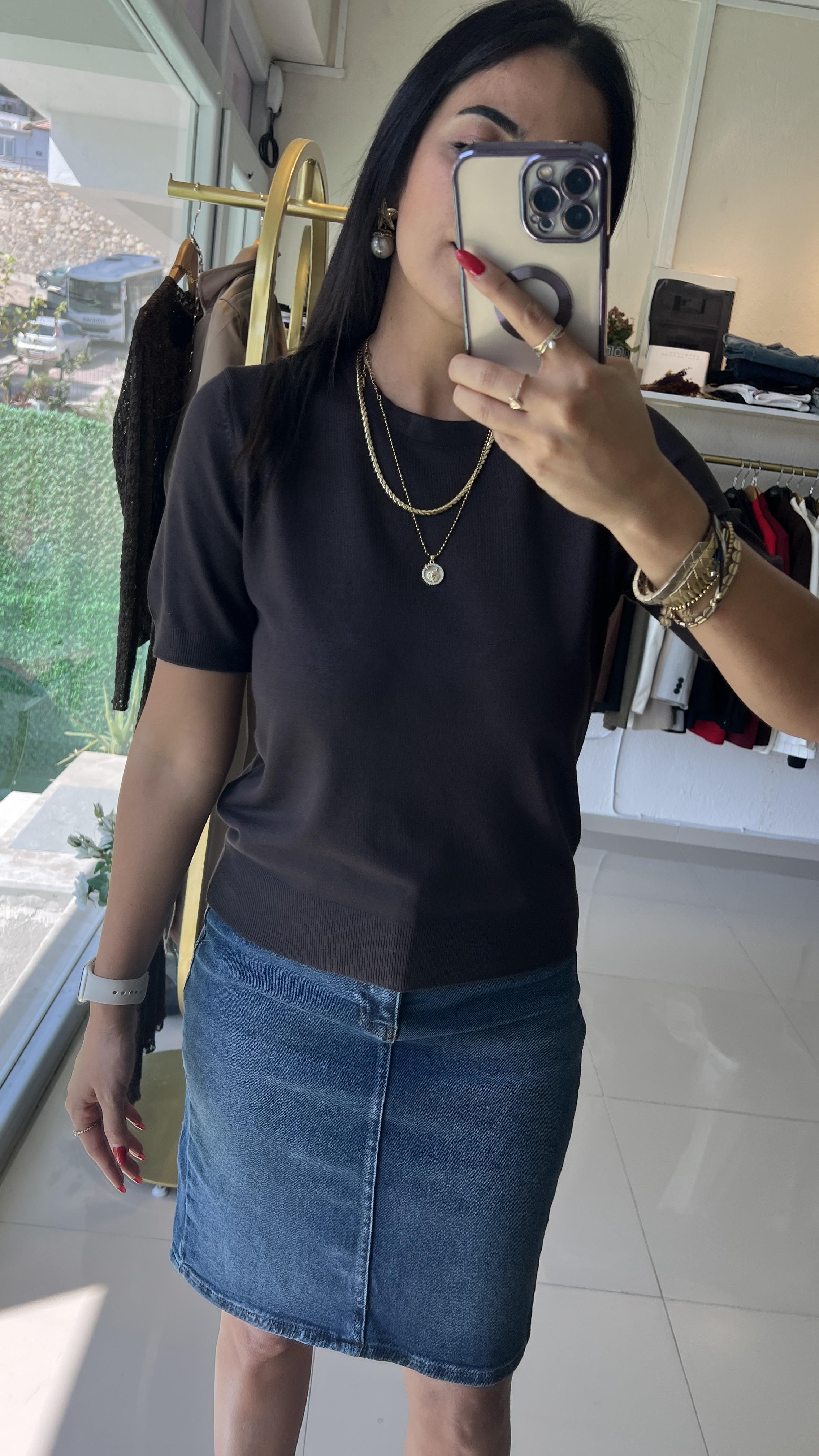 Bisiklet Yaka Kısa Kol Basic Triko Bluz Kahve 10779