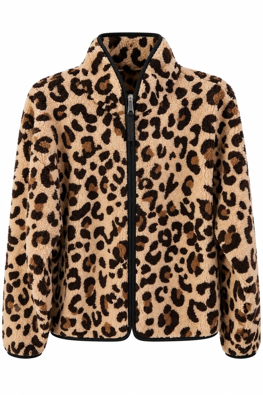 Fermuarlı Leopar Desenli Peluş Ceket