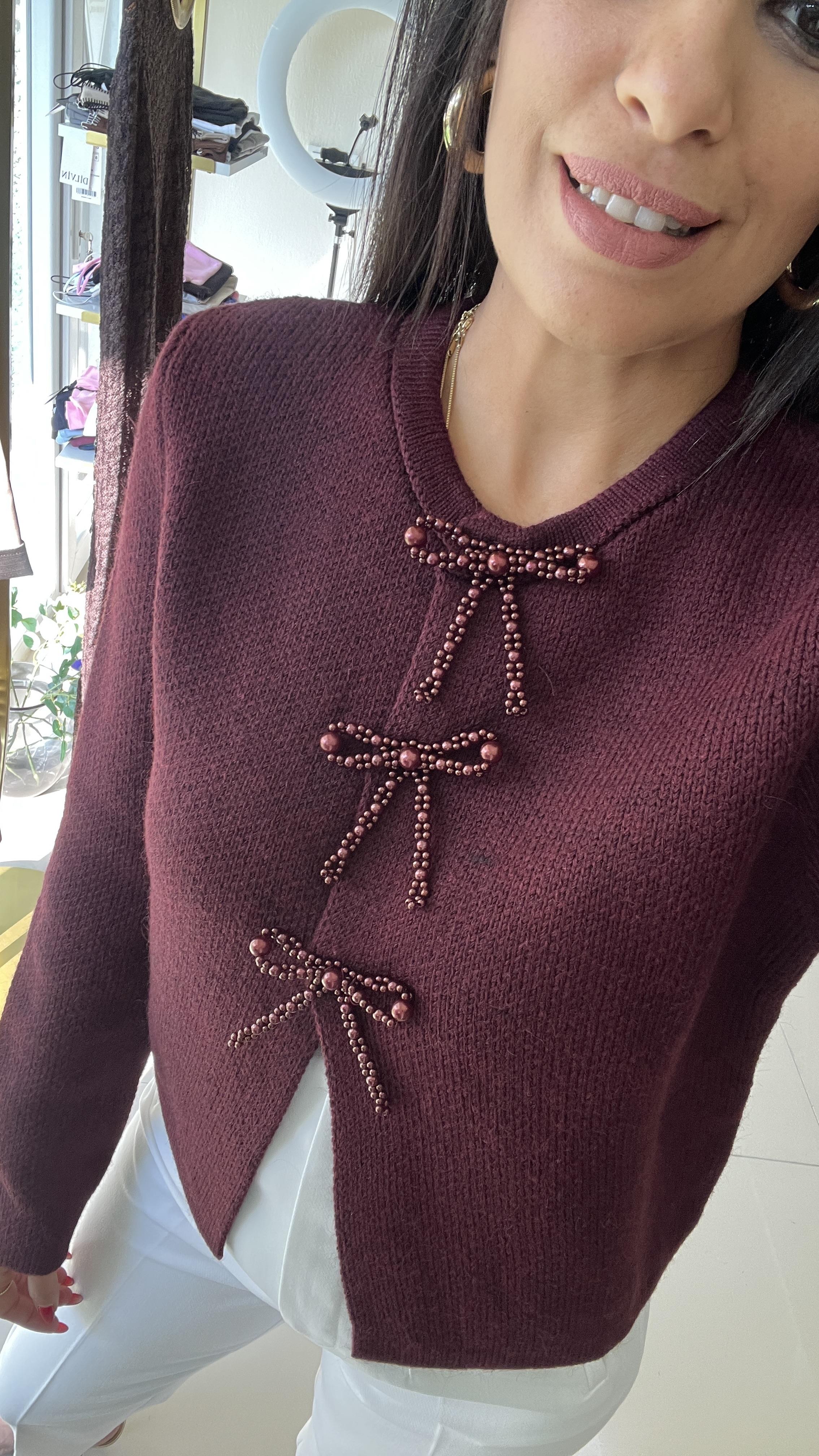 İncili Fiyonk Aksesuarlı Triko Hırka-Bordo 60983