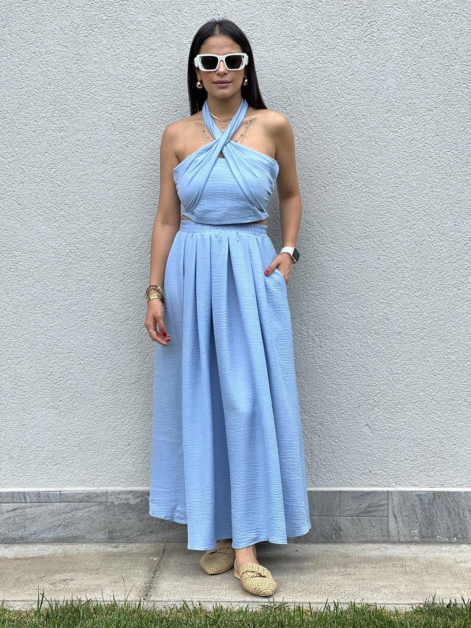 KAHLAN ETEKLİ CROP TAKIM BUZ MAVİ