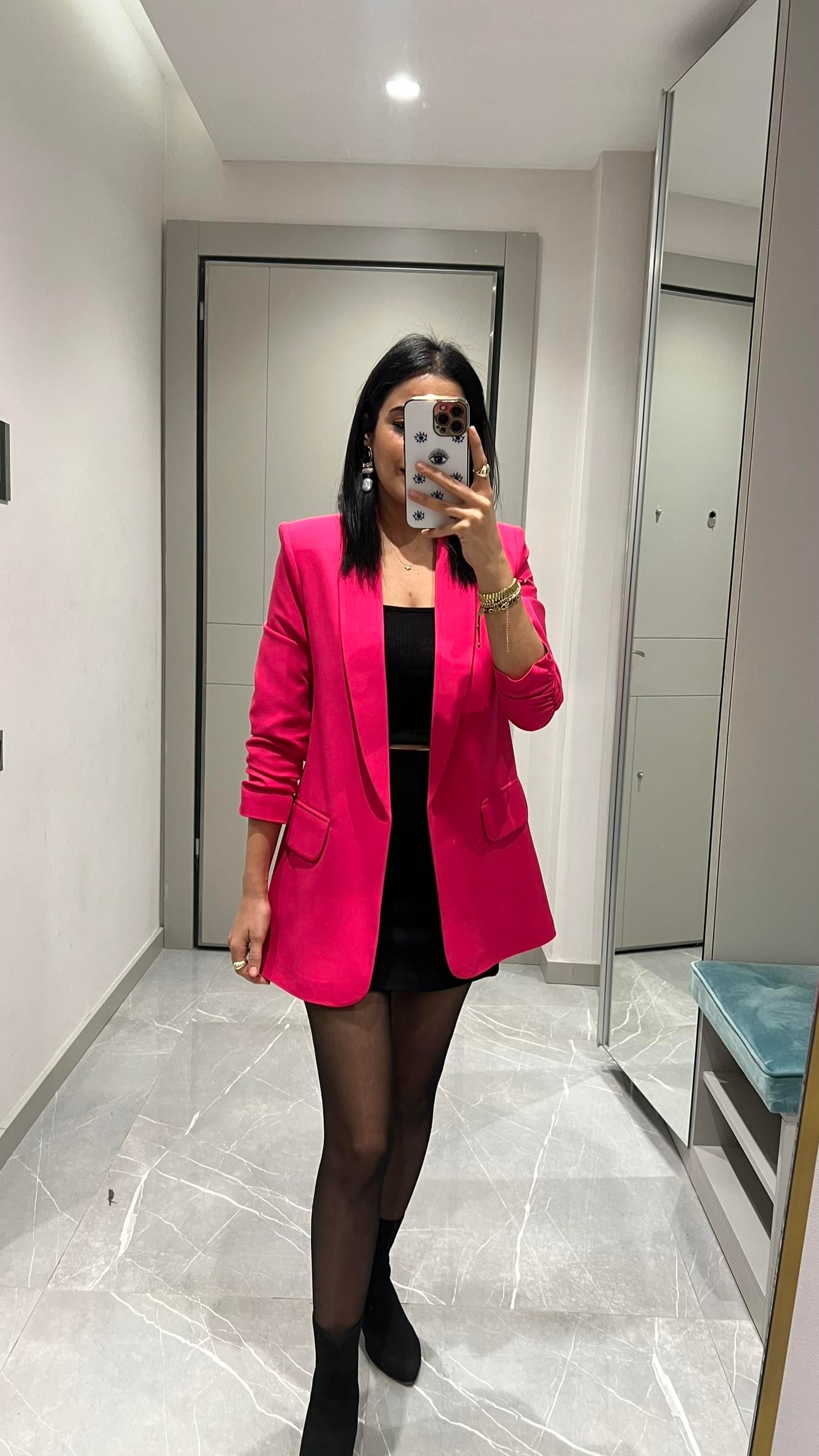 KOLU BÜZGÜ DETAYLI BLAZER FUŞYA 