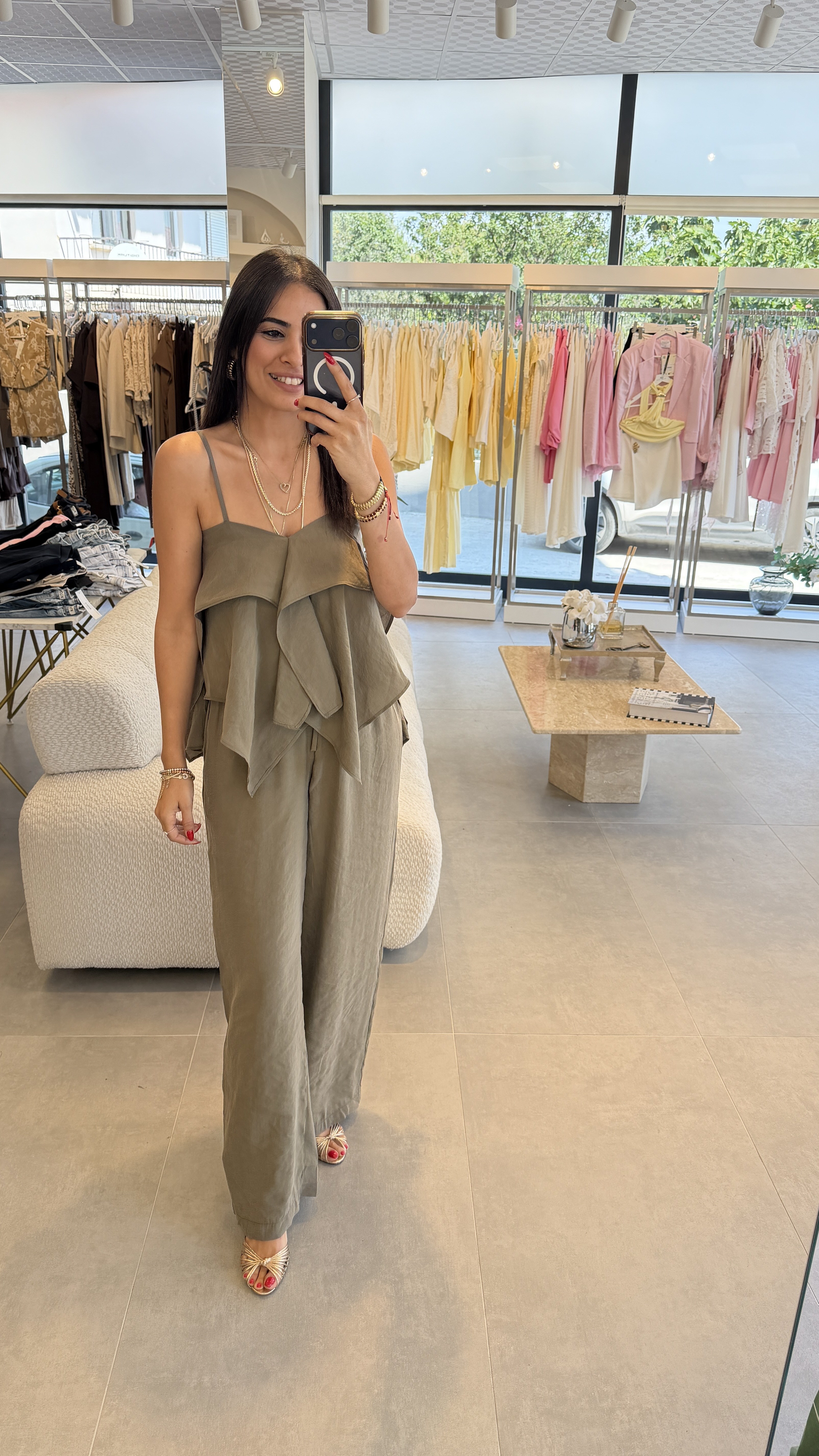 MODAL KUMAŞ , ASKILI BLUZ PANTOLON TAKIM HAKİ
