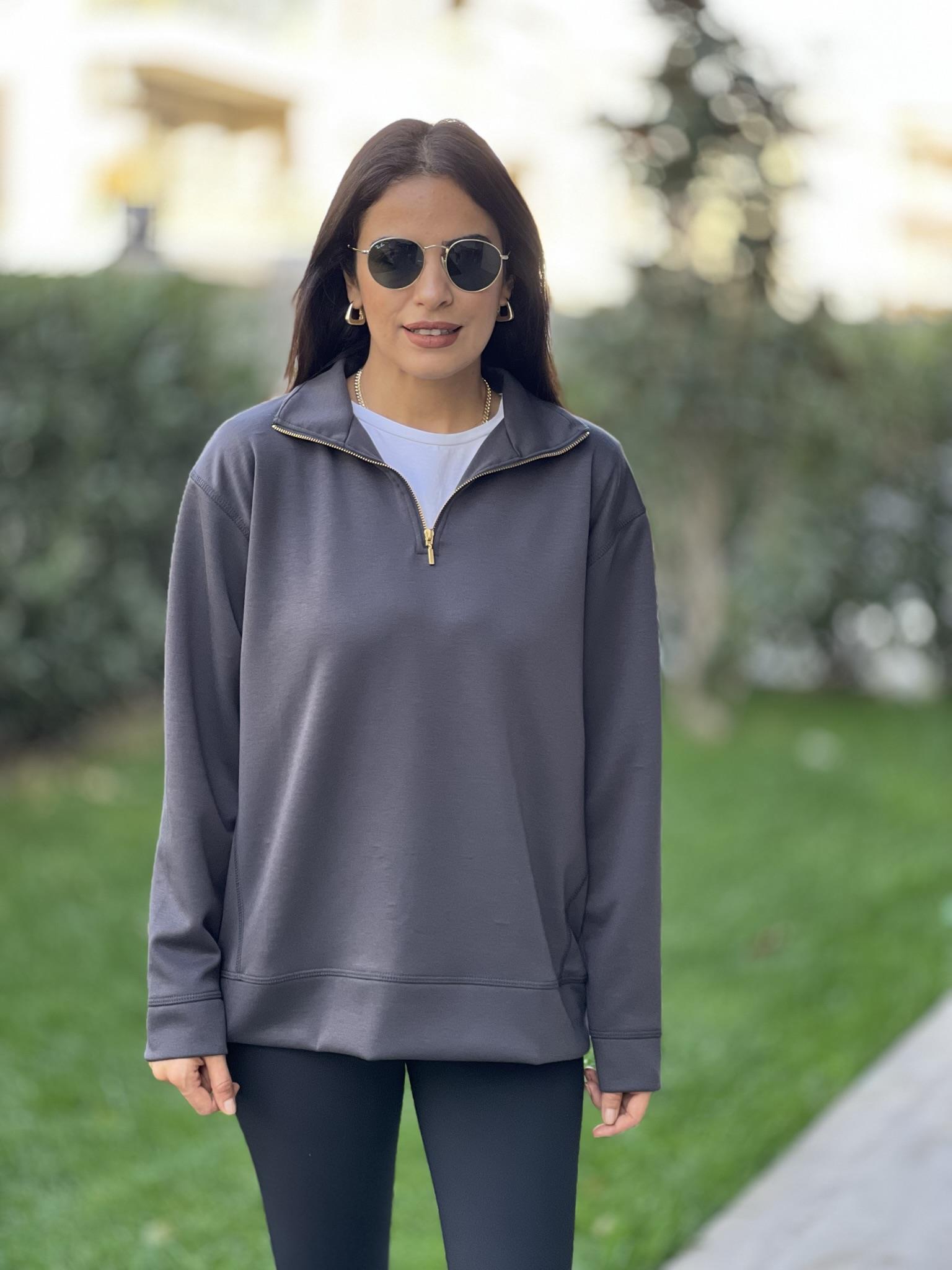 MODAL KUMAŞ FERMUAR YAKA SWEAT ANTRASİT