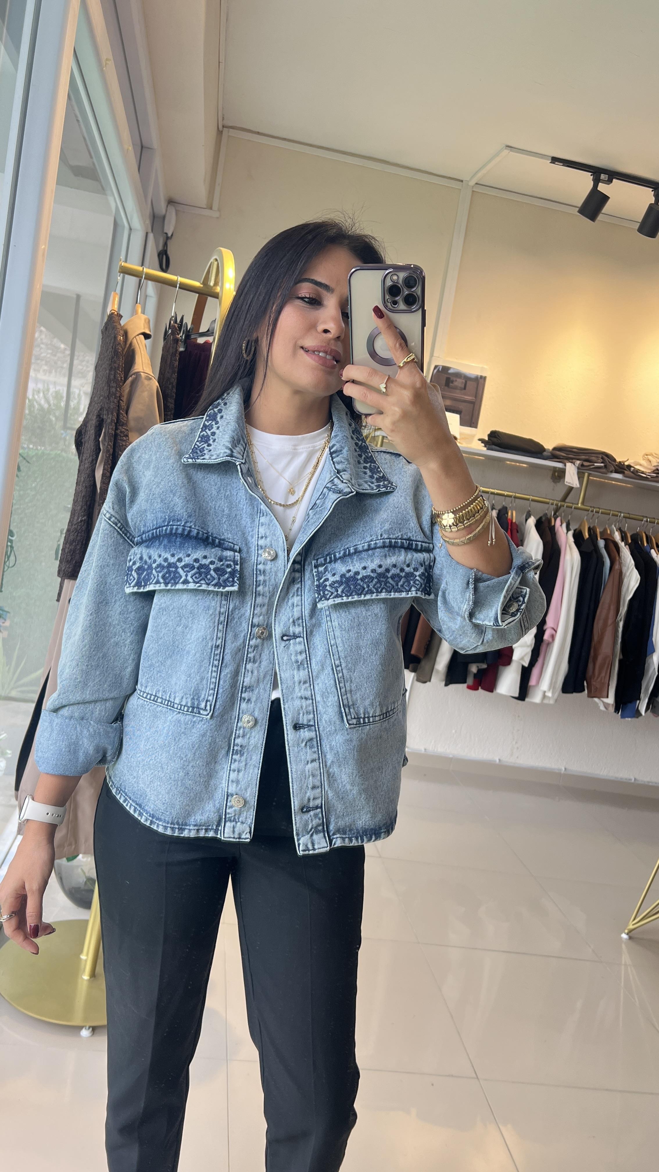 Nakış Detaylı Denim Kot Ceket Mavi 5846