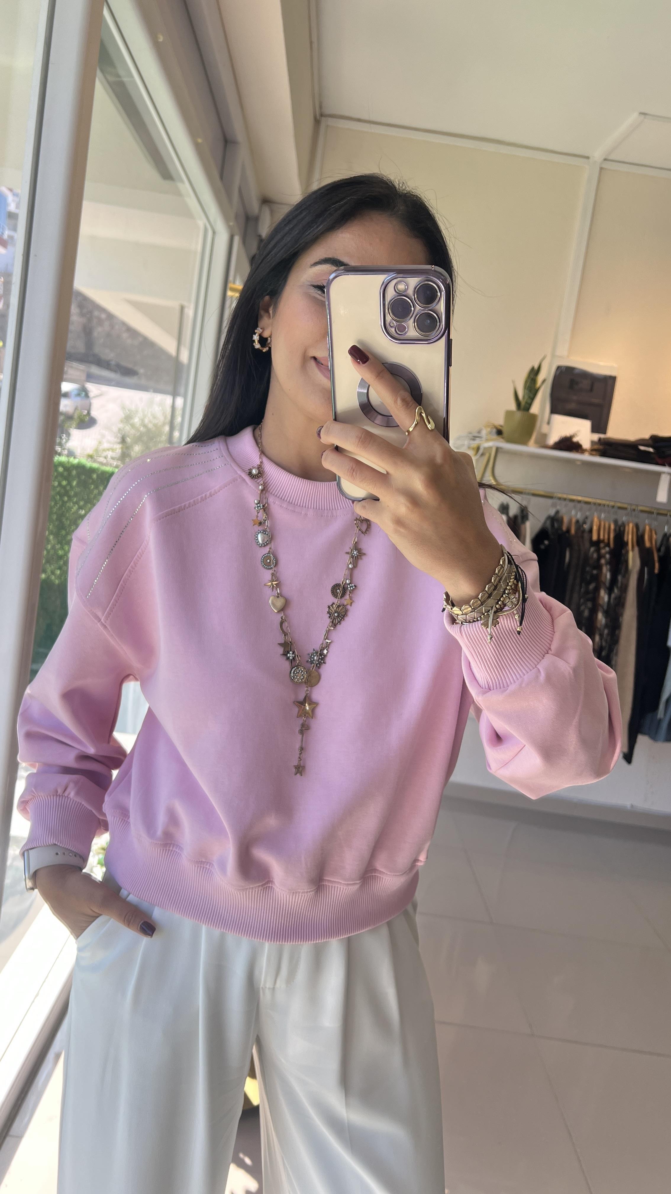 OMUZLARI TAŞLI RİBANALI SWEAT PEMBE 1071