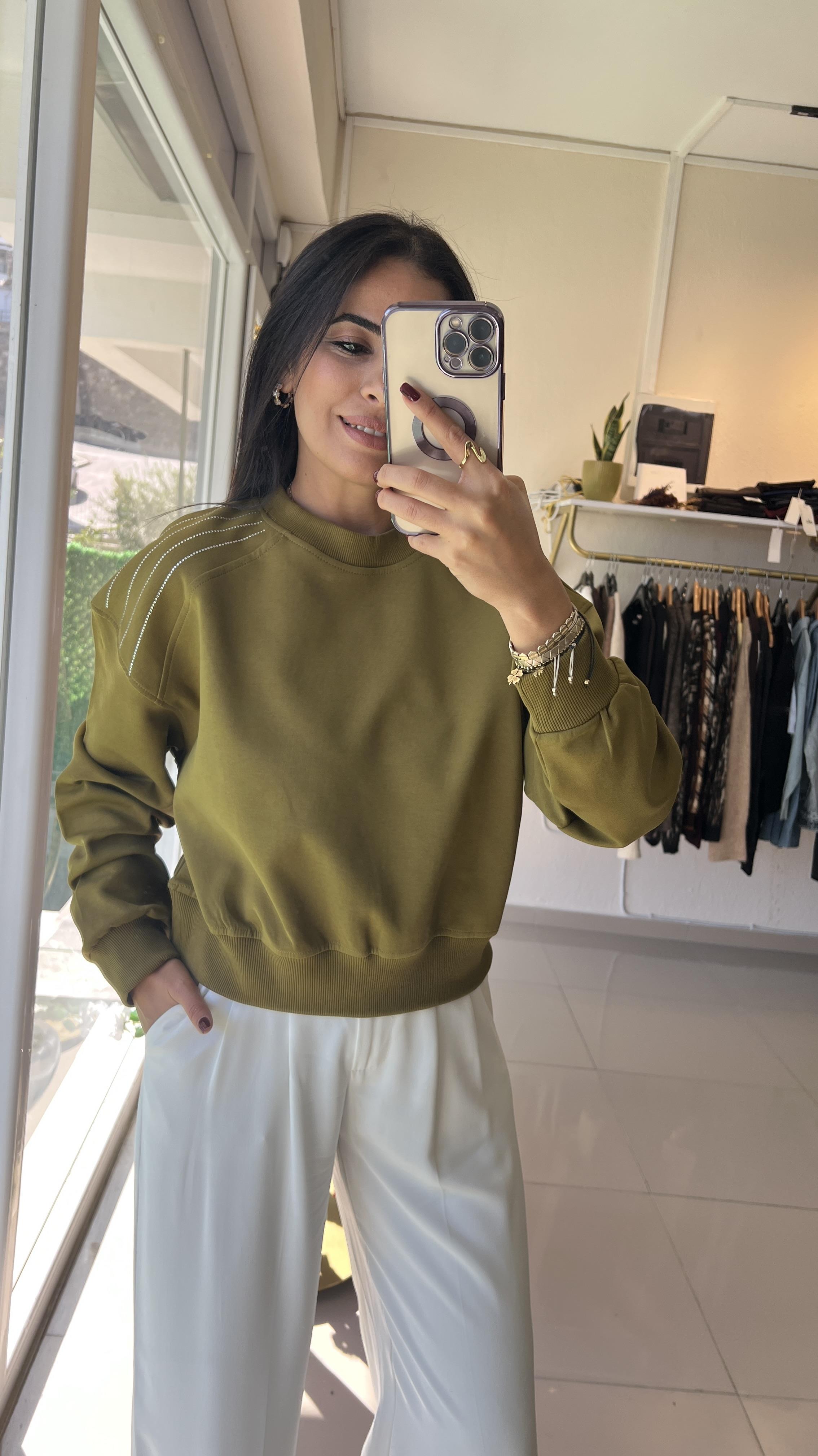 OMUZLARI TAŞLI RİBANALI SWEAT YAĞ YEŞİLİ 1071