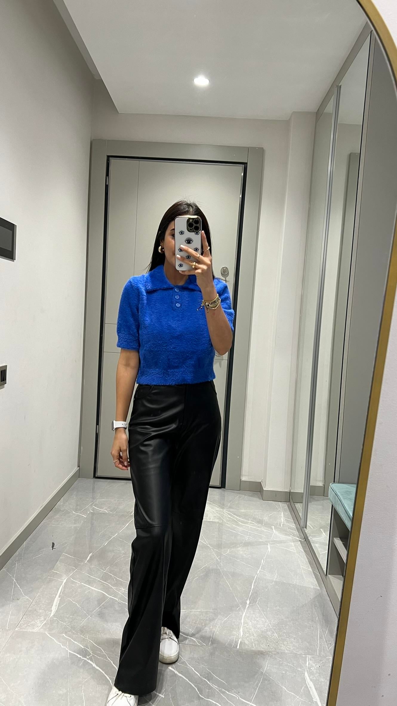 POLO YAKA YUMUŞAK DOKULU KAZAK  SAKS