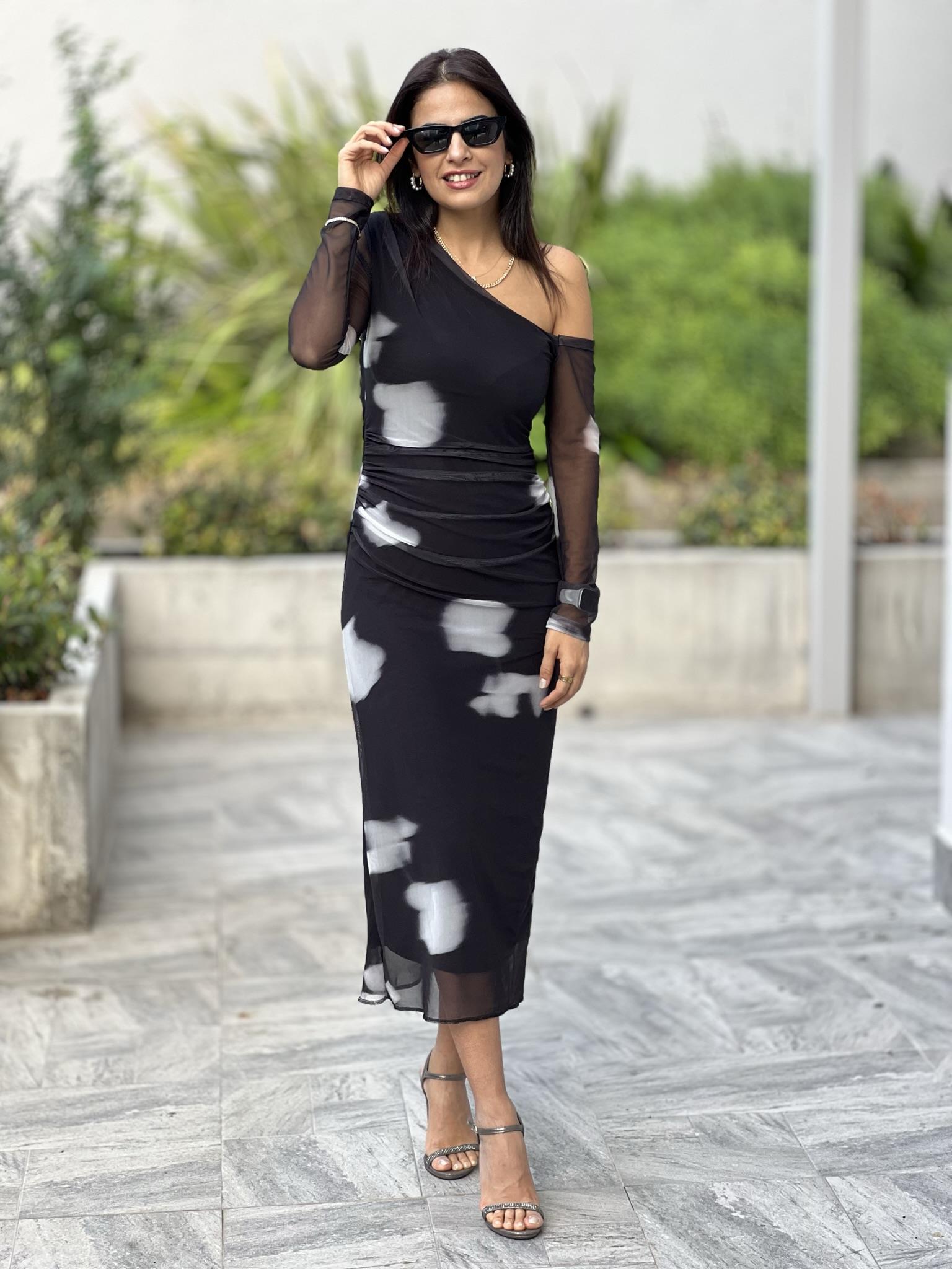 TEK OMUZ DESENLİ ŞİFON ELBİSE