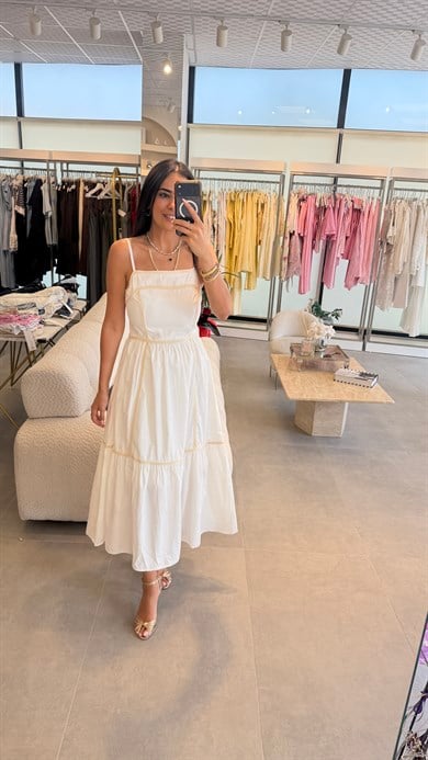 Poplin Kumaş İçi Astarlı Askılı Elbise Ekru