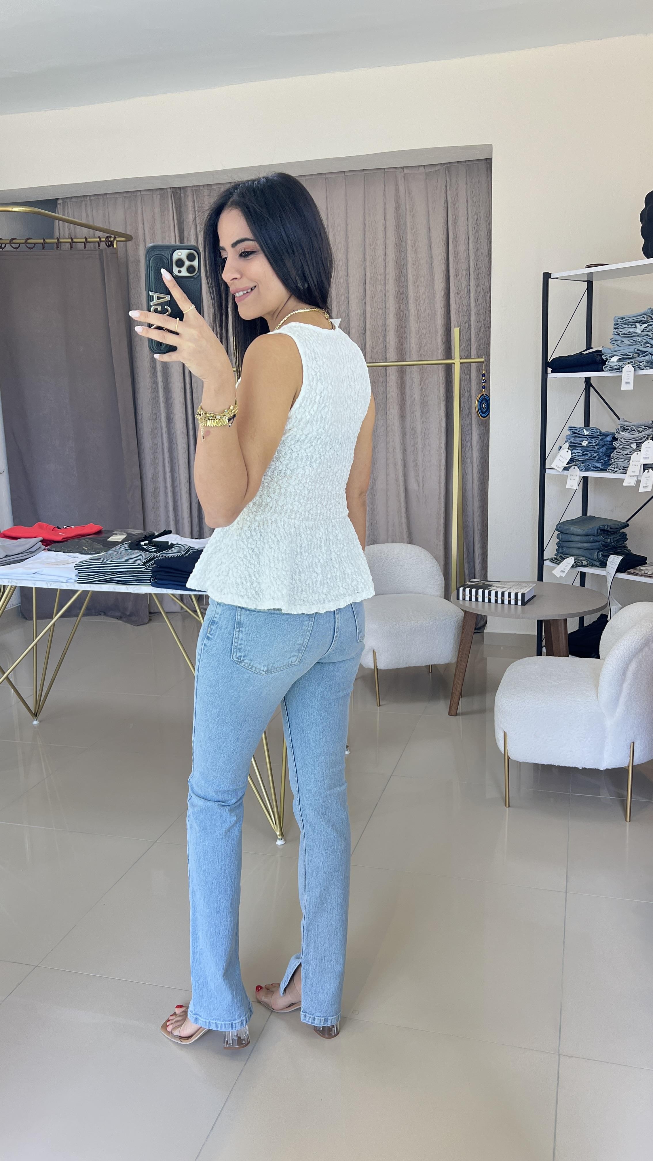 20984 PEPLUM DANTEL BLUZ EKRU