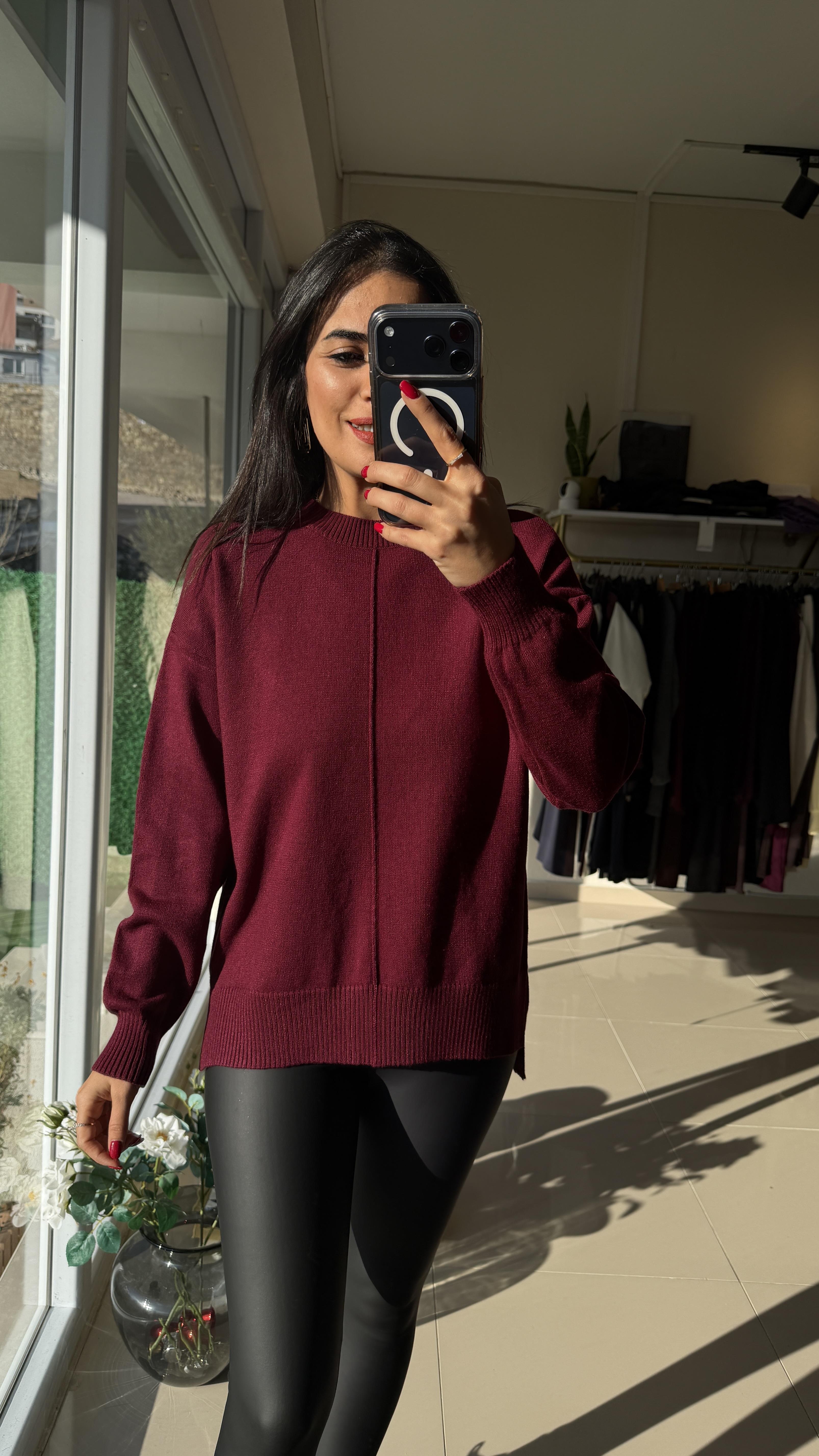 23445 Bisiklet Yaka Triko Kazak Bordo