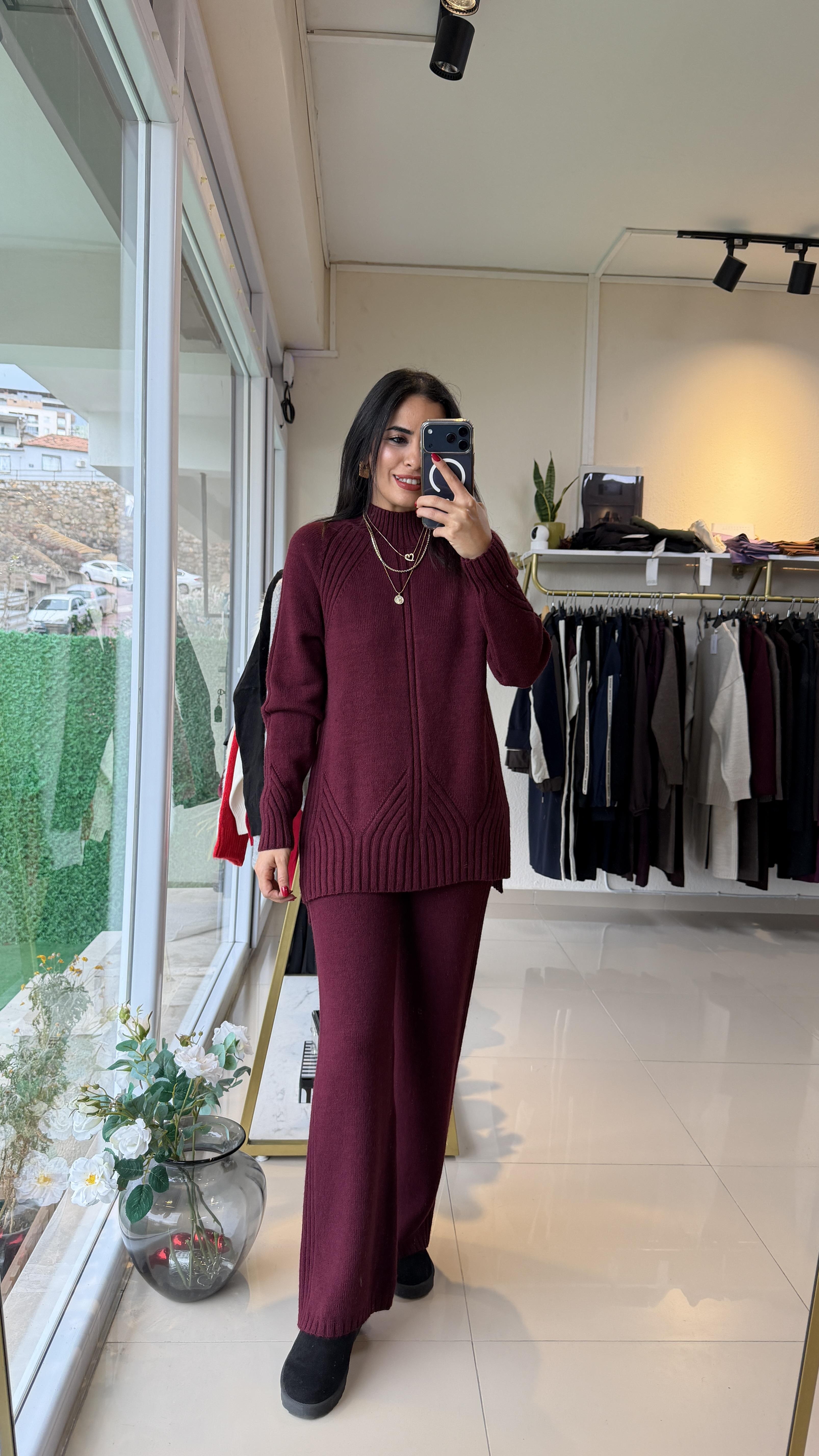 23772 Çizgi Detaylı Beli Lastikli Triko Takım Bordo