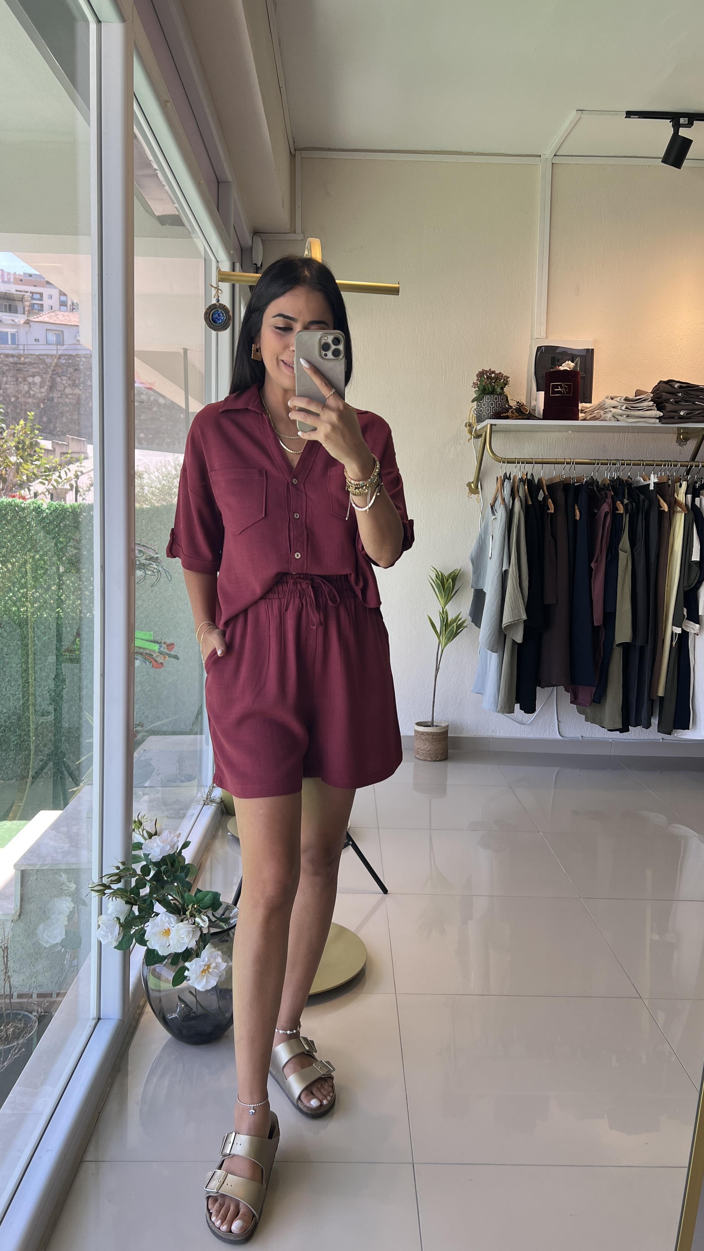 247145 KETEN ŞORTLU TAKIM BORDO