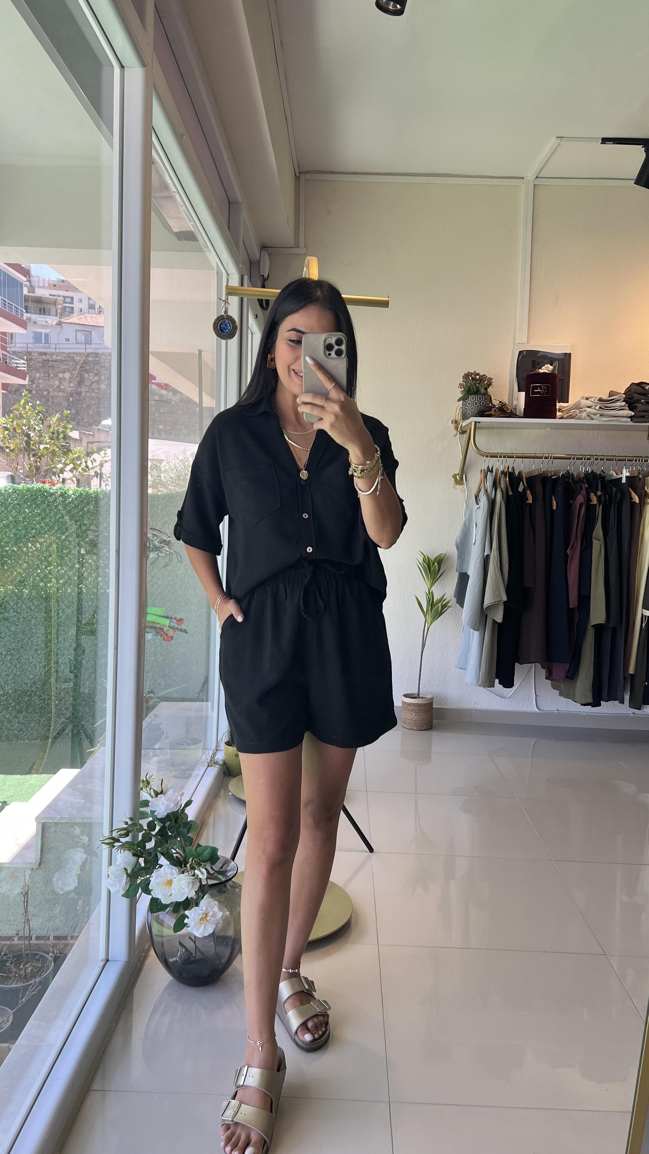 247145 KETEN ŞORTLU TAKIM SİYAH