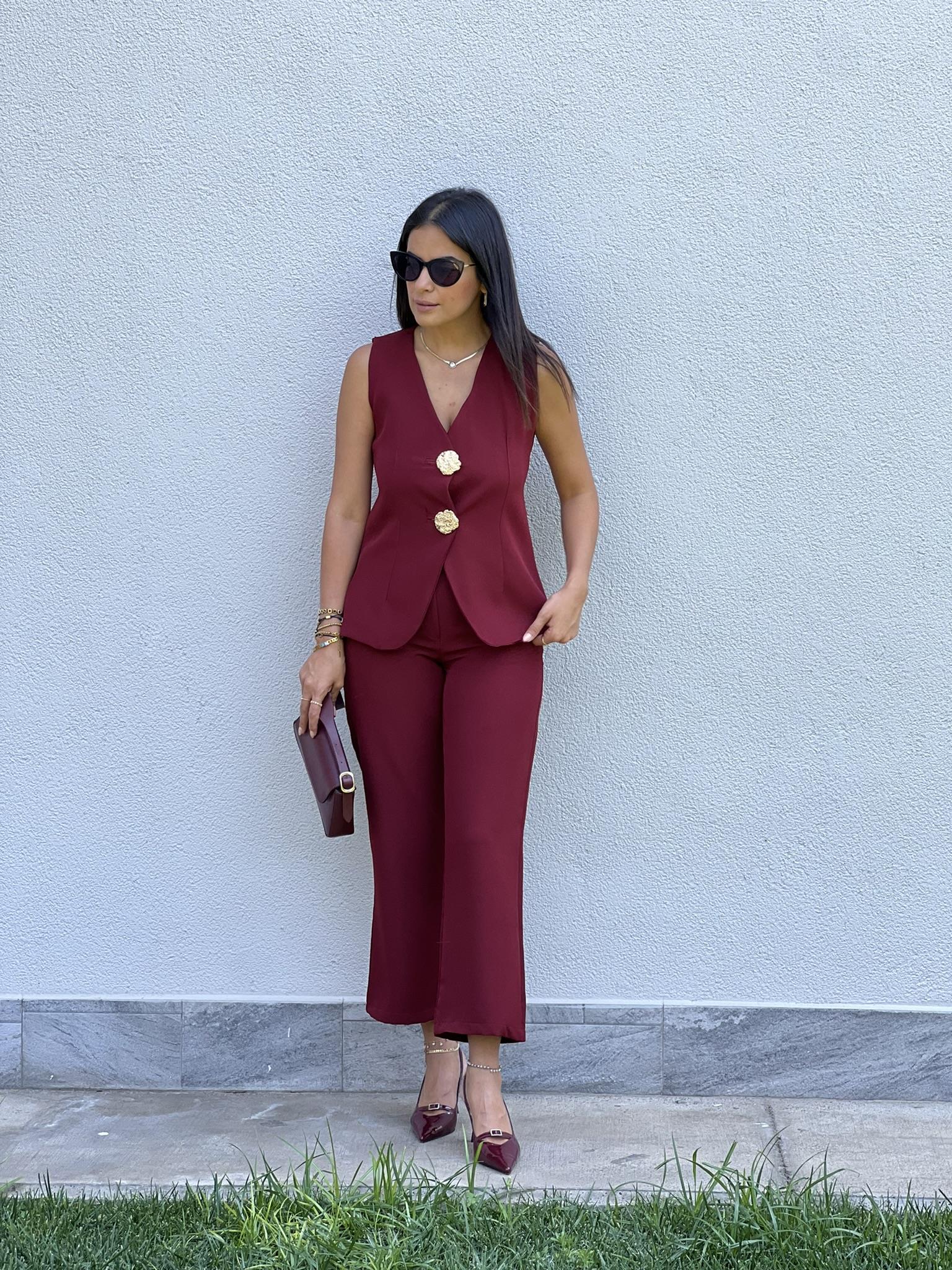 247169 GOLD DÜĞME YELEK PANTOLON TAKIM BORDO