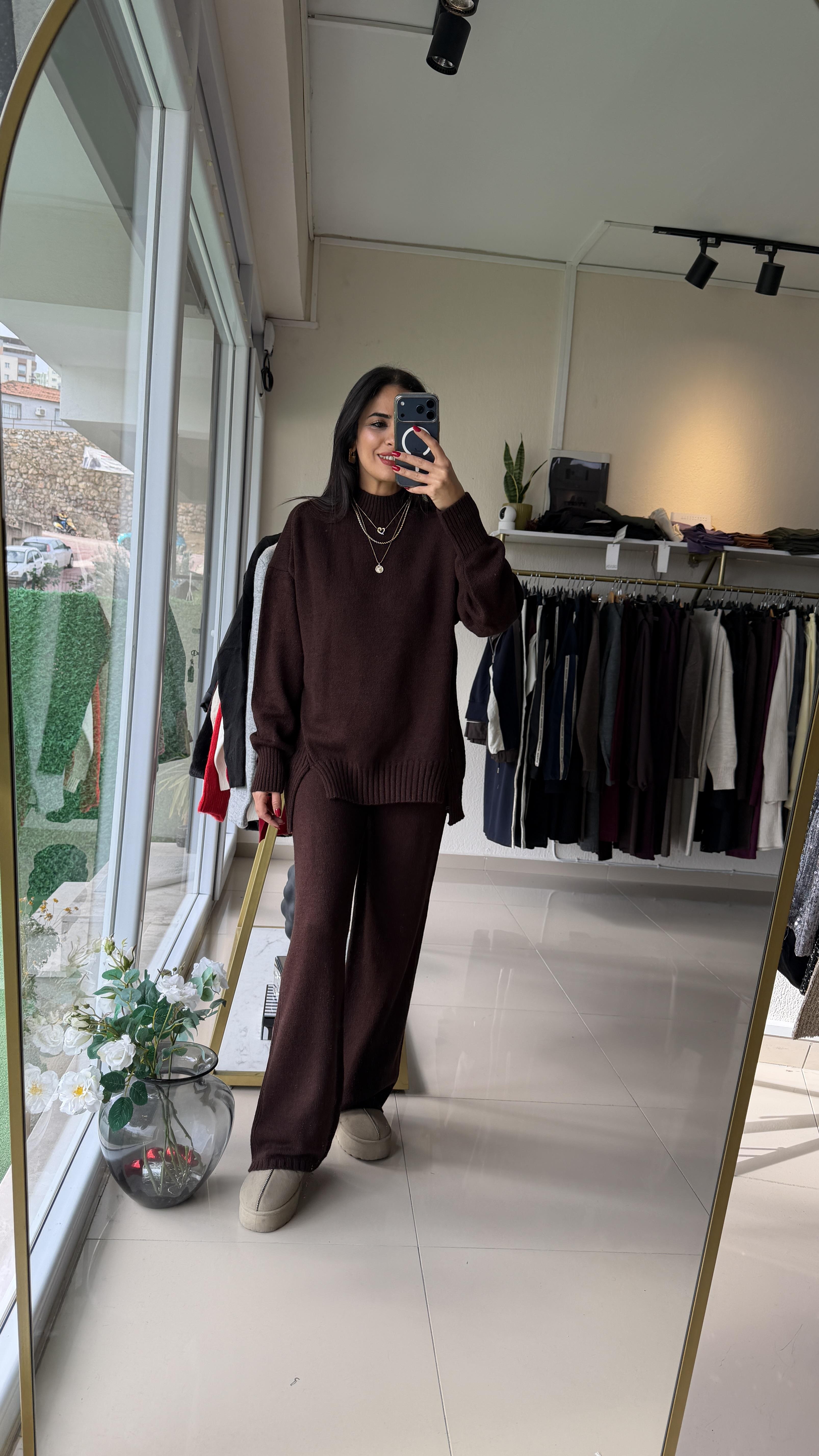 24753 Beli Lastikli Triko Takım Kahve