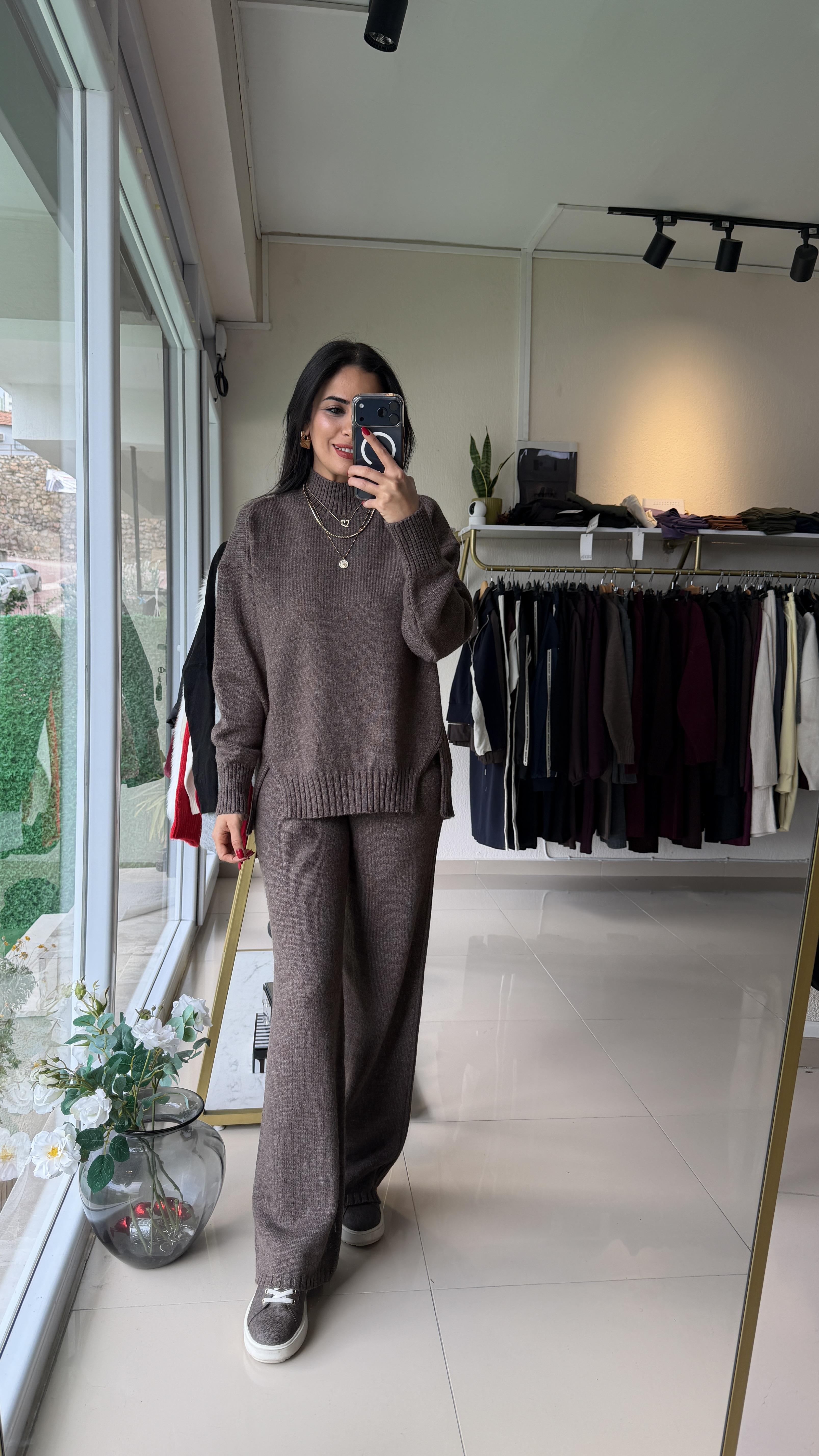 24753 Beli Lastikli Triko Takım Vizon