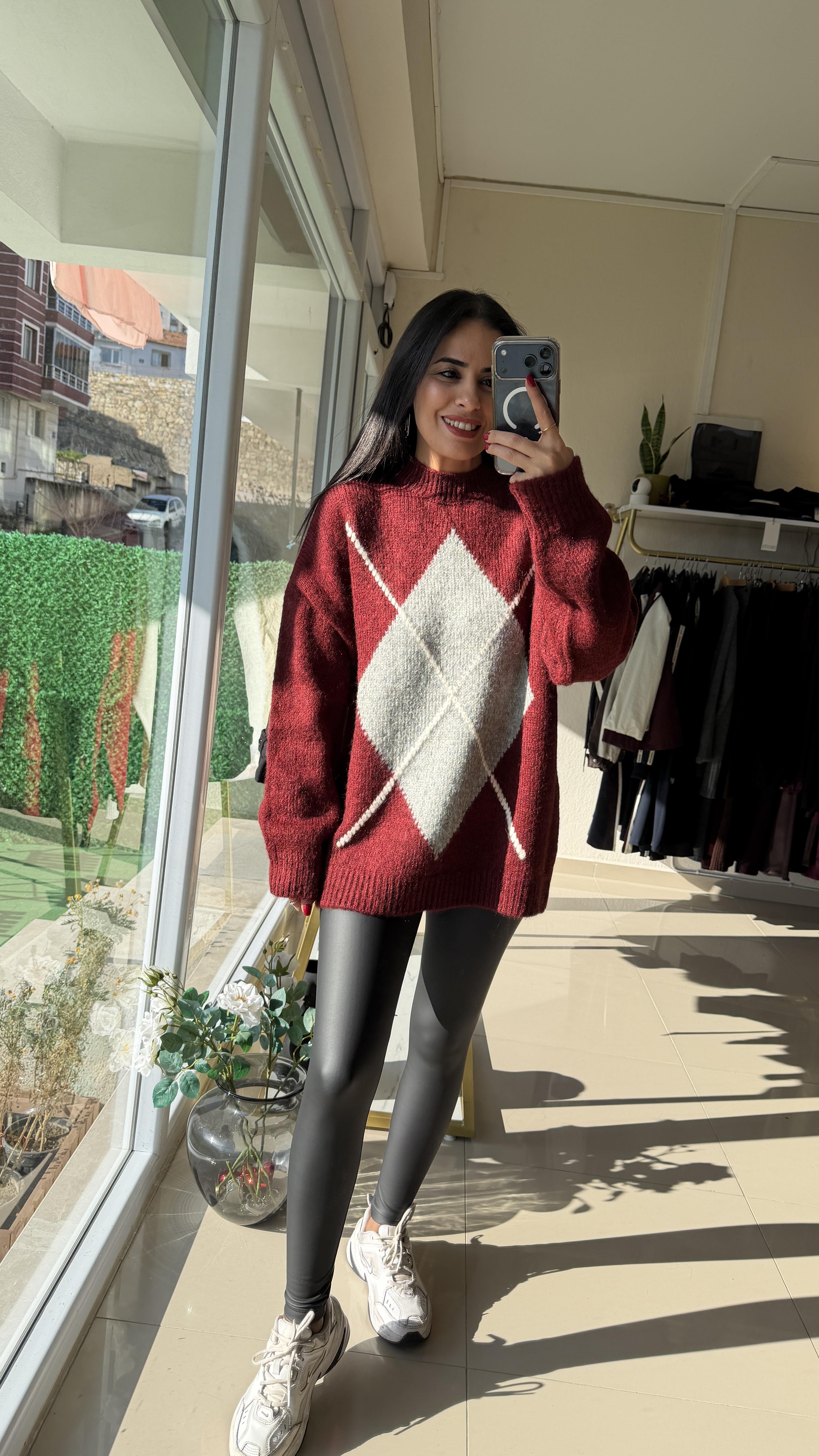 24767 Baklava Desenli Triko Kazak Bordo