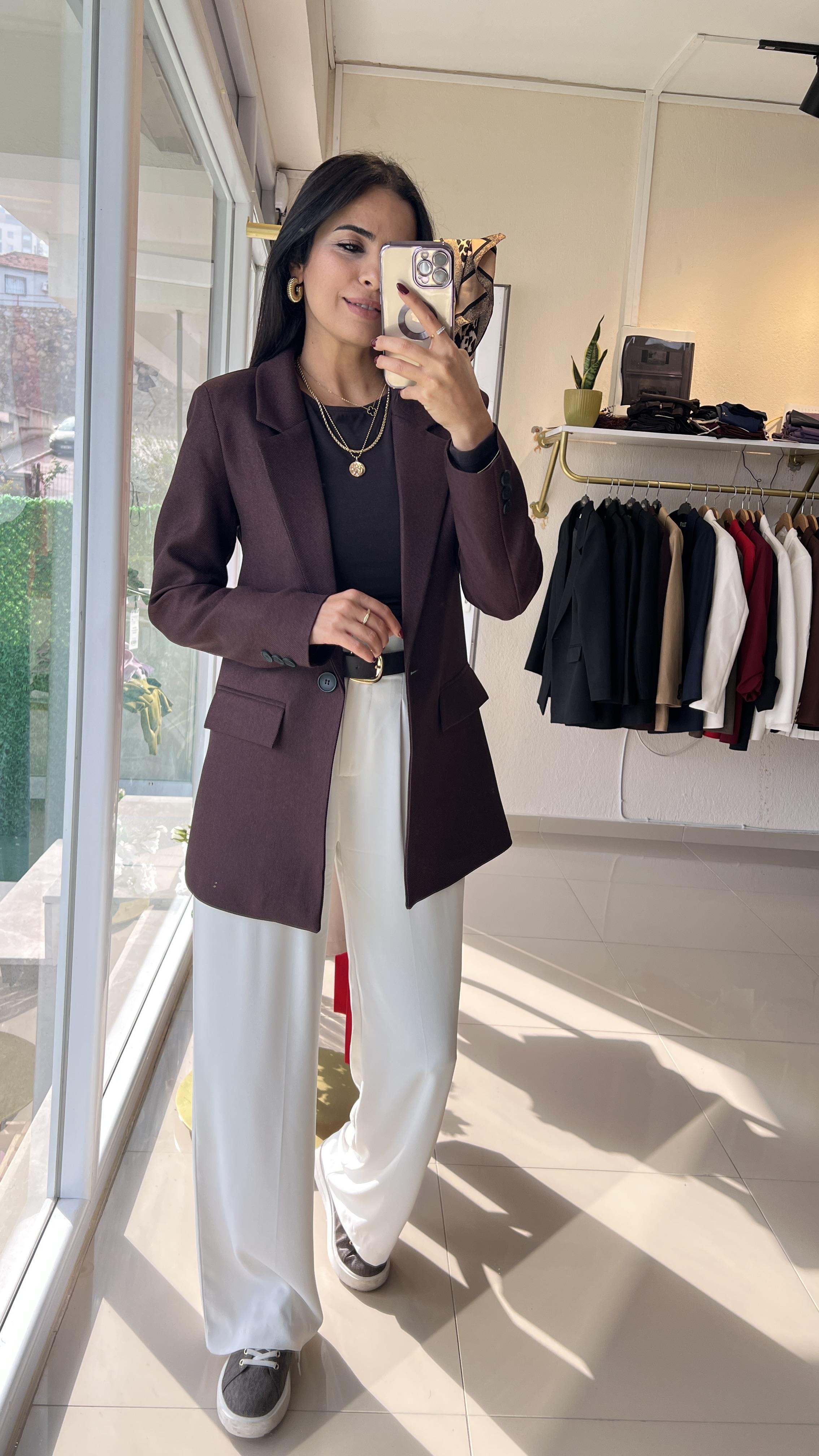 3133 TEK DÜĞME YÜN EFEKT BLAZER KAHVE