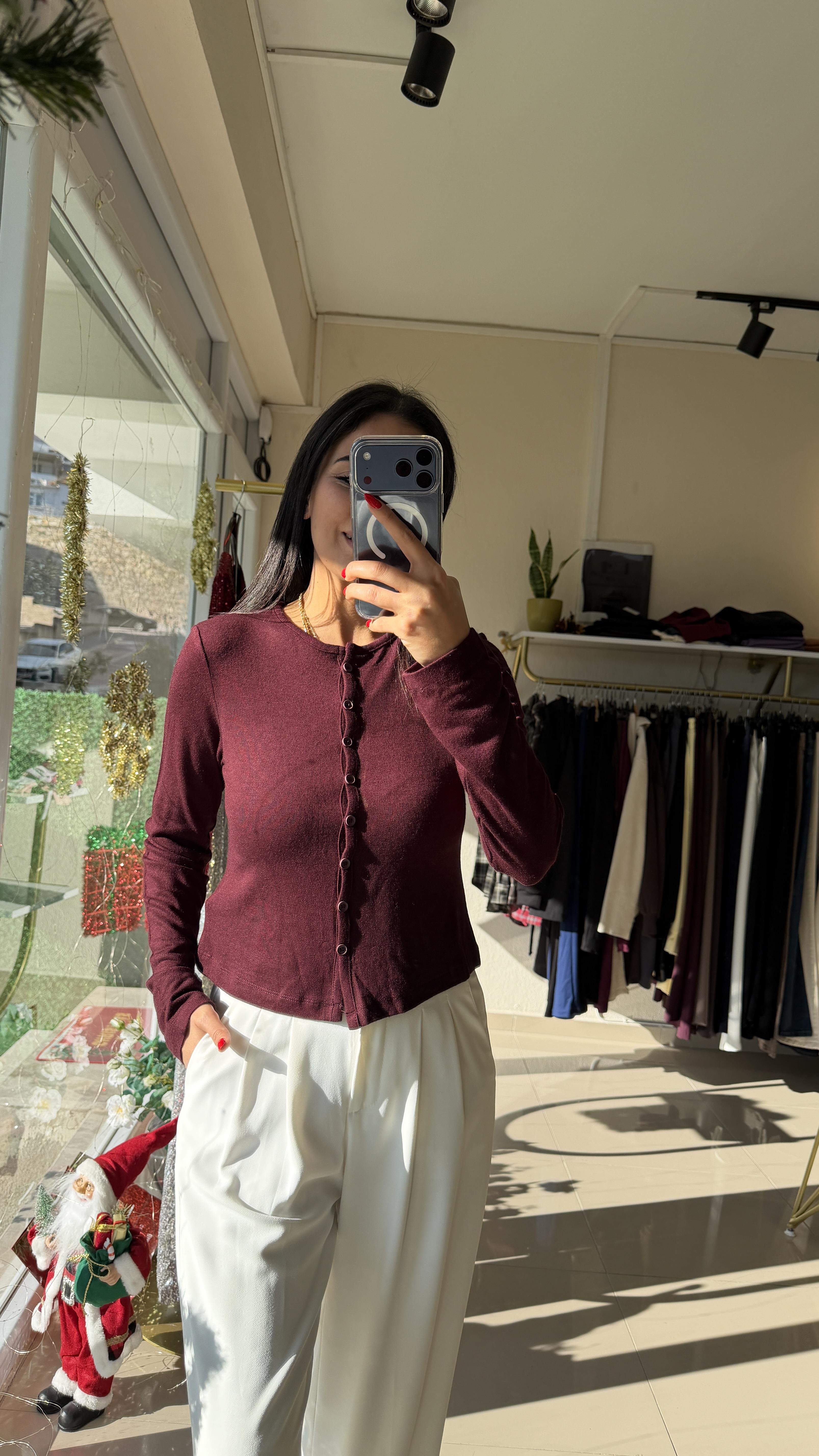 31413 Düğmeli Detaylı Hırka-Bordo
