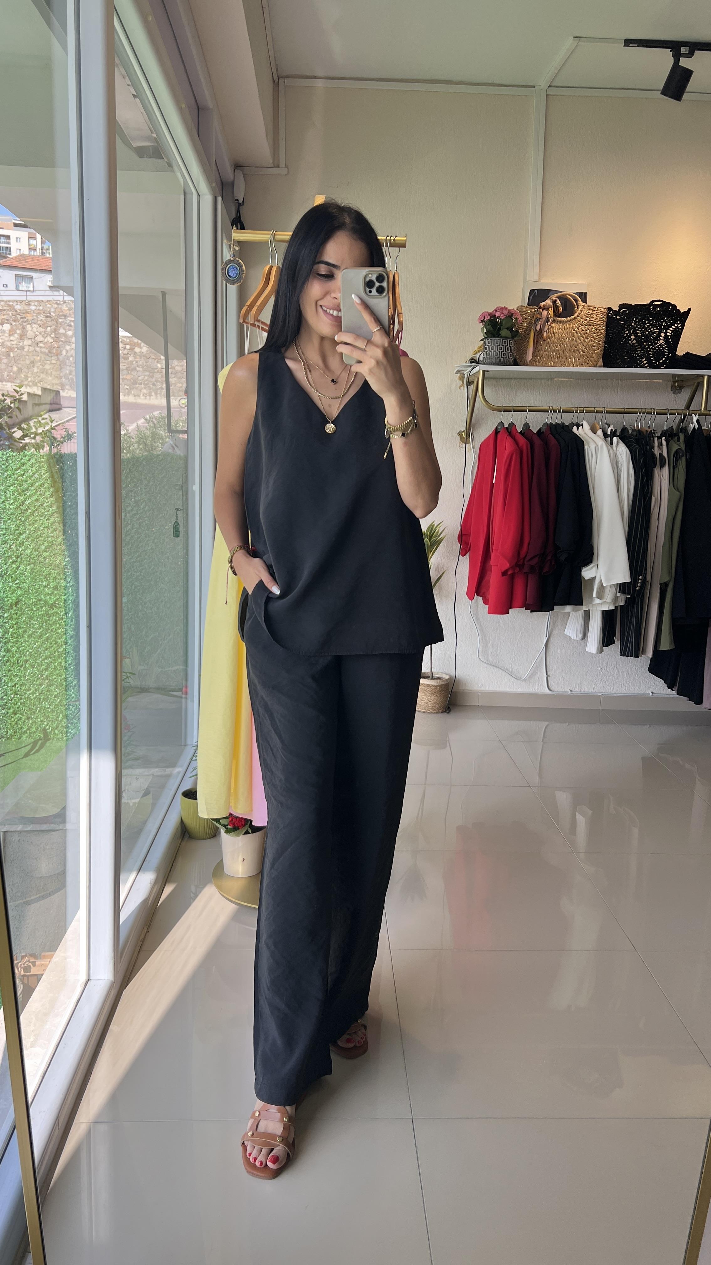 3142 KALIN ASKILI V YAKA BLUZ PANTOLON SİYAH