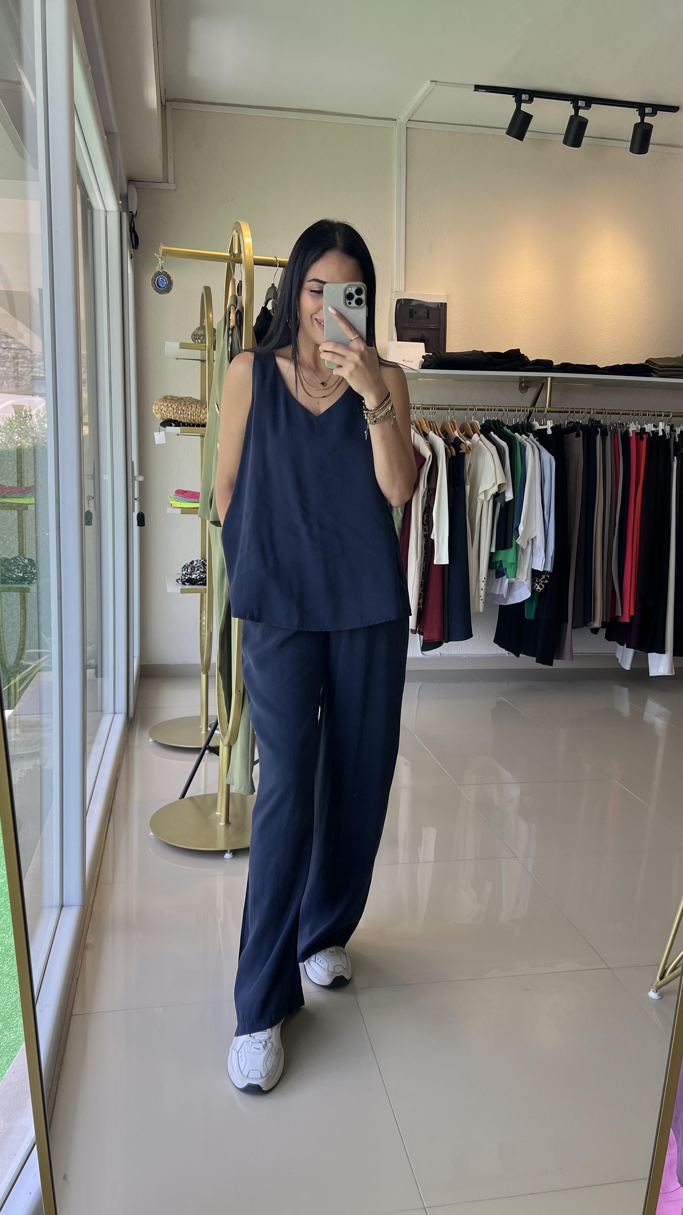 3142 KALIN ASKILI V YAKA BLUZ PANTOLON TAKIM LACİVERT