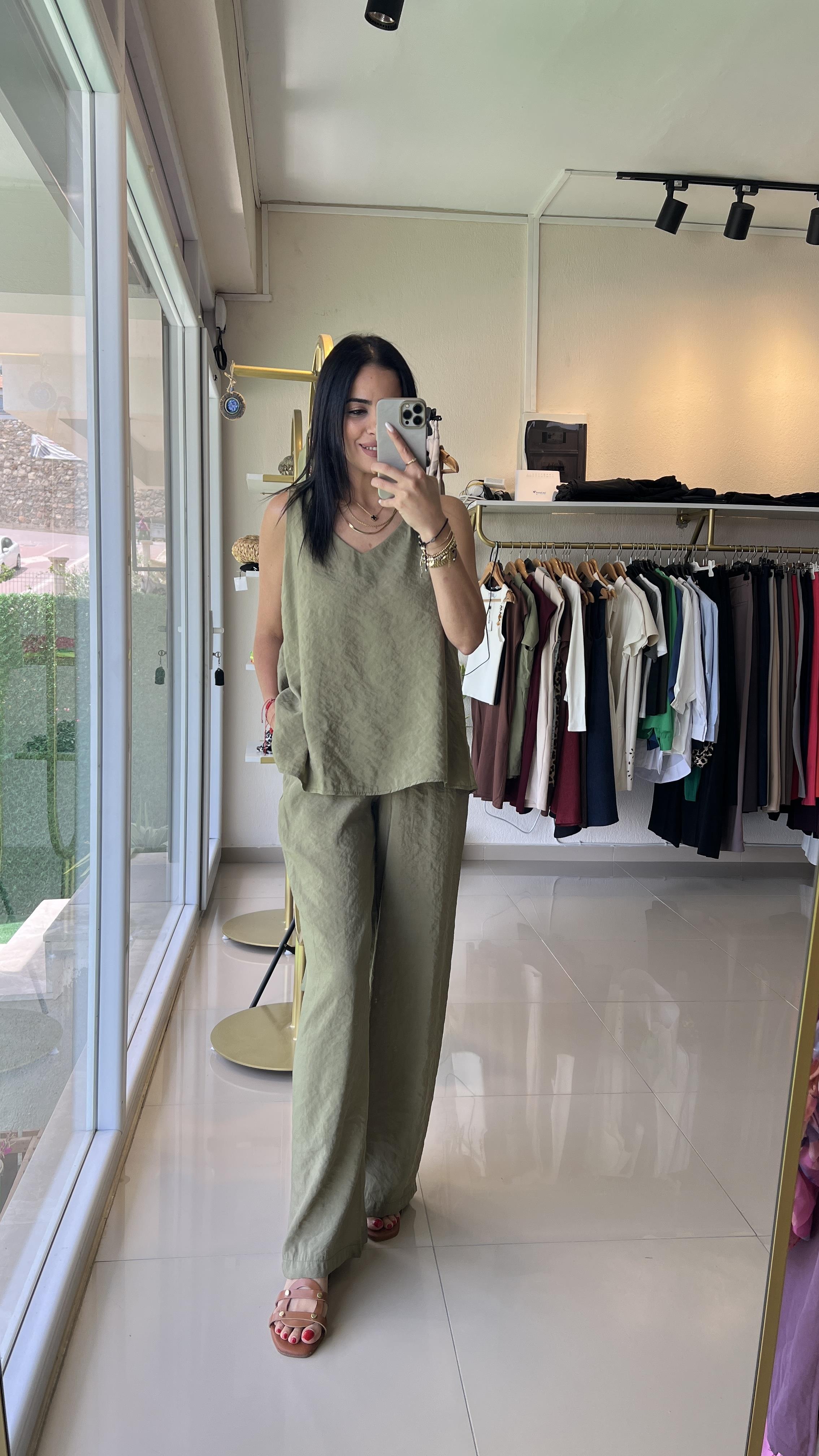 3142 KALIN ASKILI V YAKA BLUZ PANTOLON TAKIM HAKİ