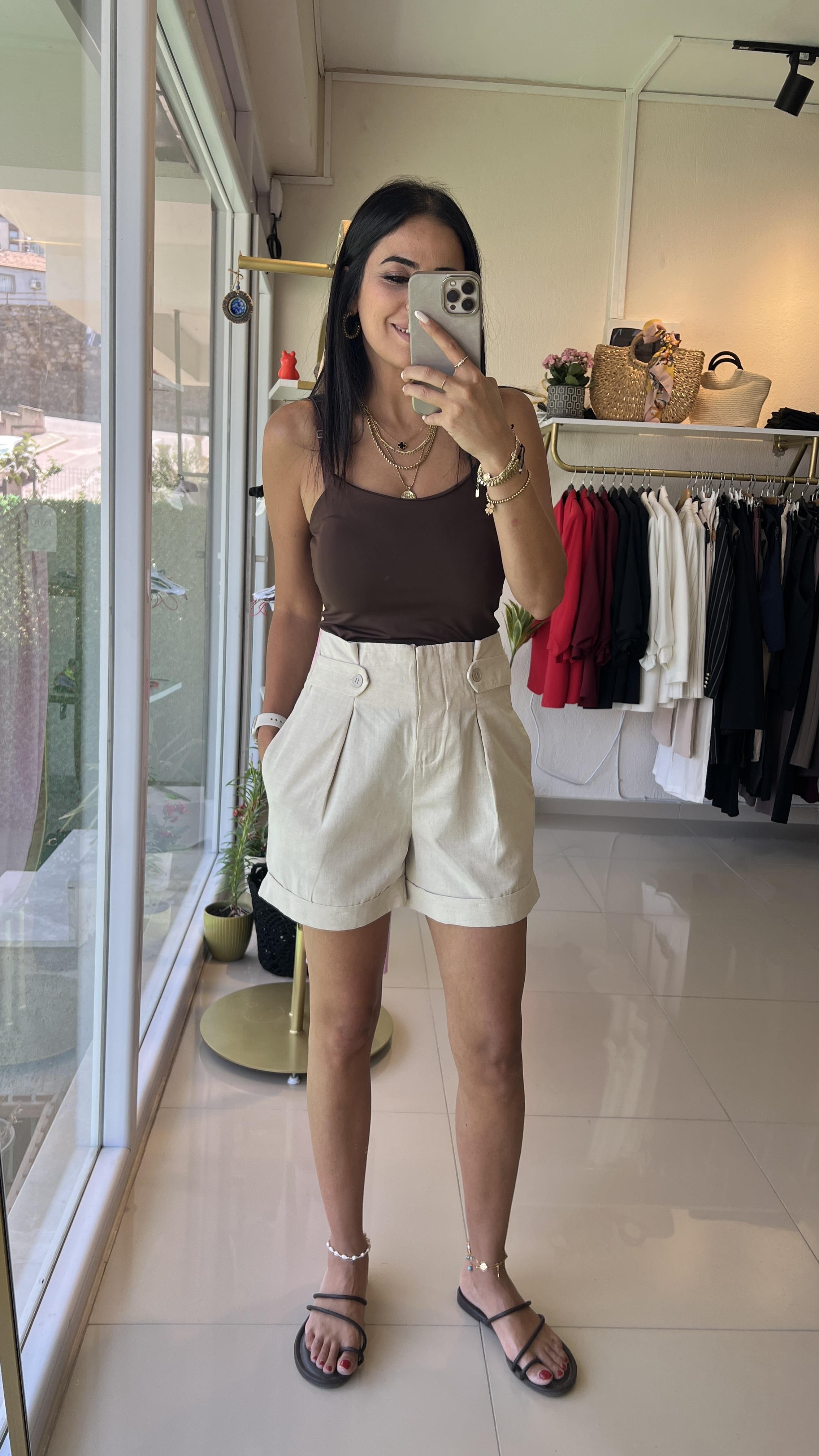 35079 %100 HAM KETEN ŞORT BEJ