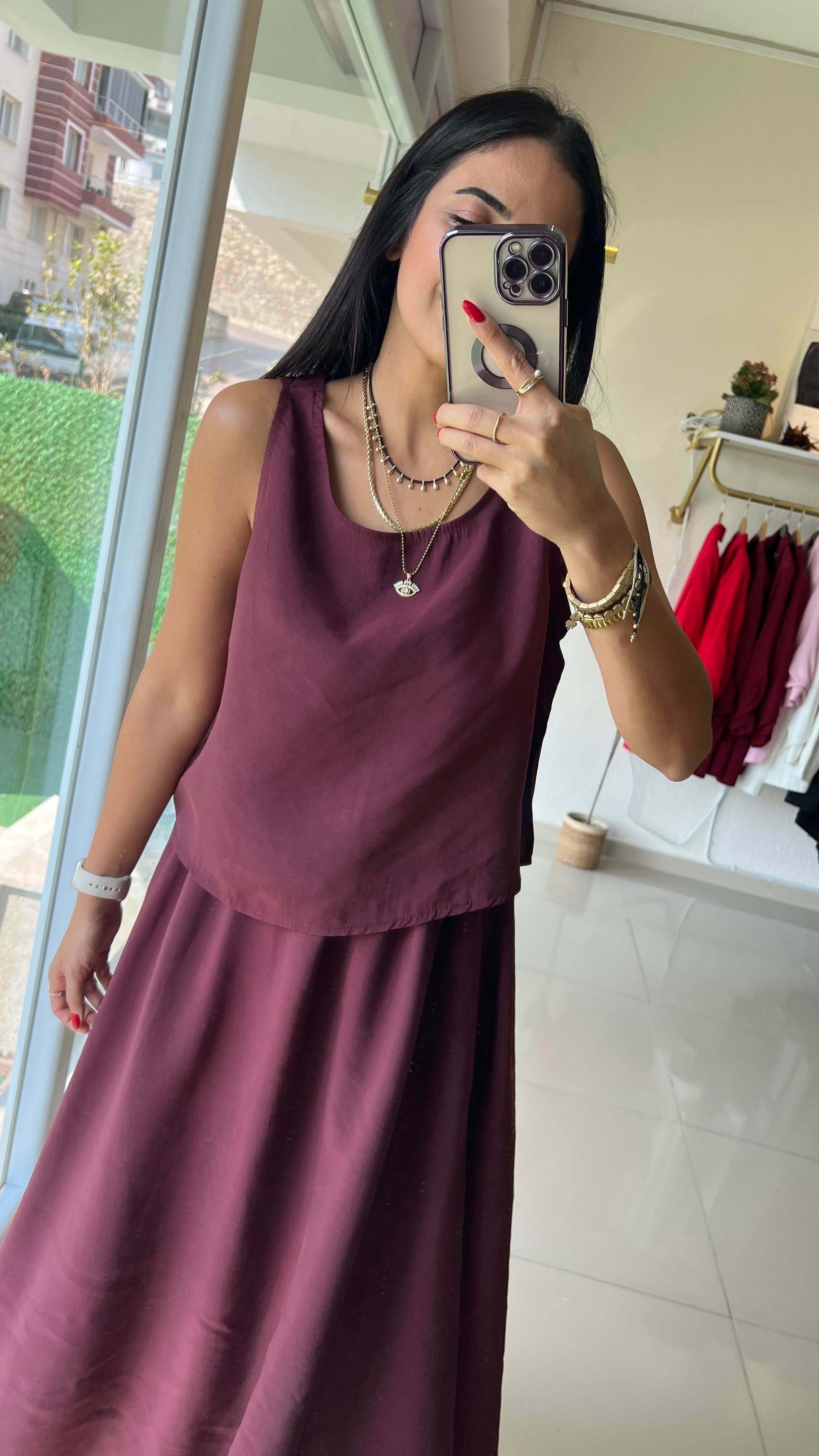 3510 TENSEL KUMAŞ SIFIR KOL BLUZ & KLOŞ ETEK TAKIM BORDO
