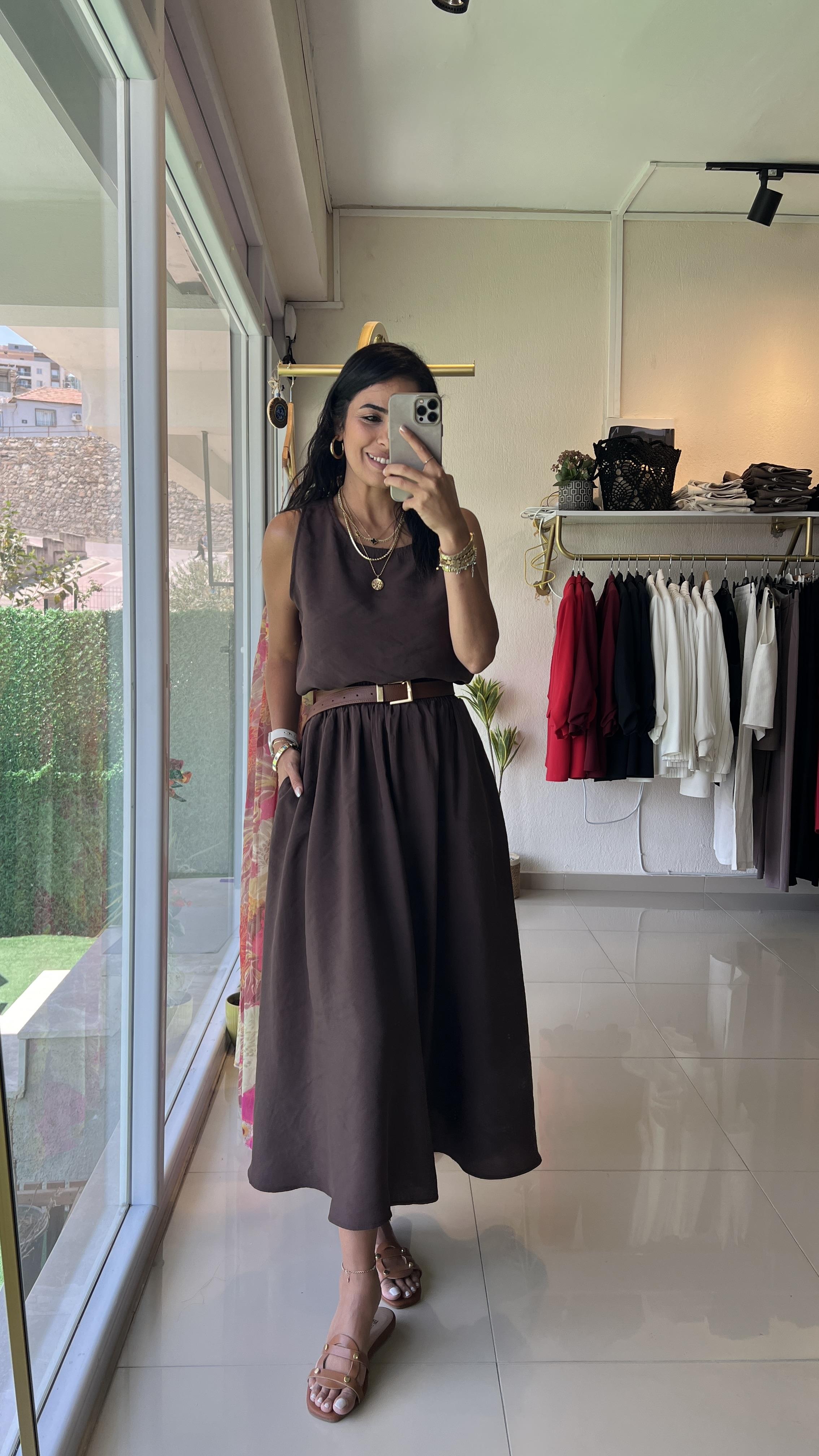3510 TENSEL KUMAŞ SIFIR KOL BLUZ & KLOŞ ETEK TAKIM KAHVE
