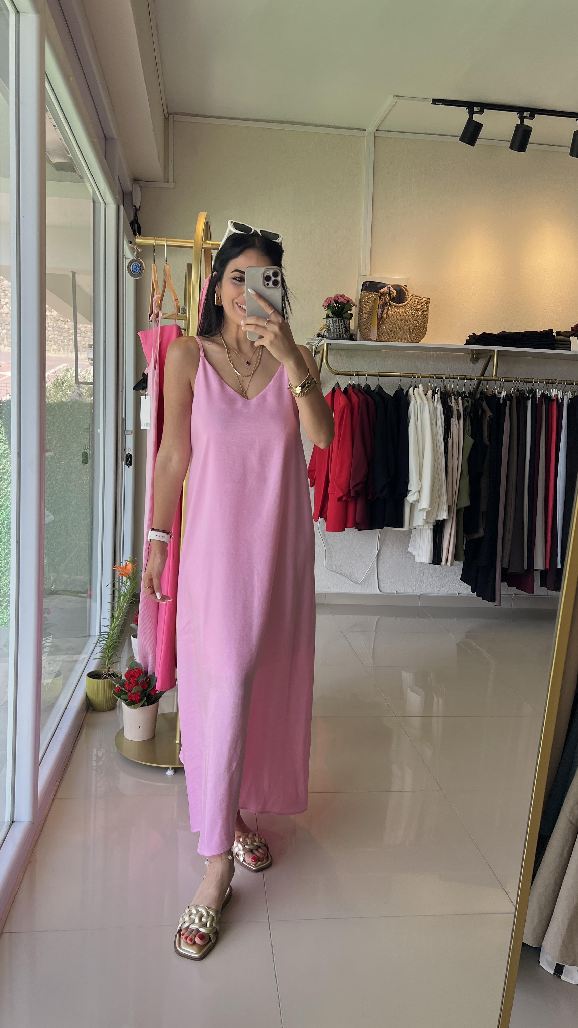 36012 İP ASKILI ELBİSE PEMBE