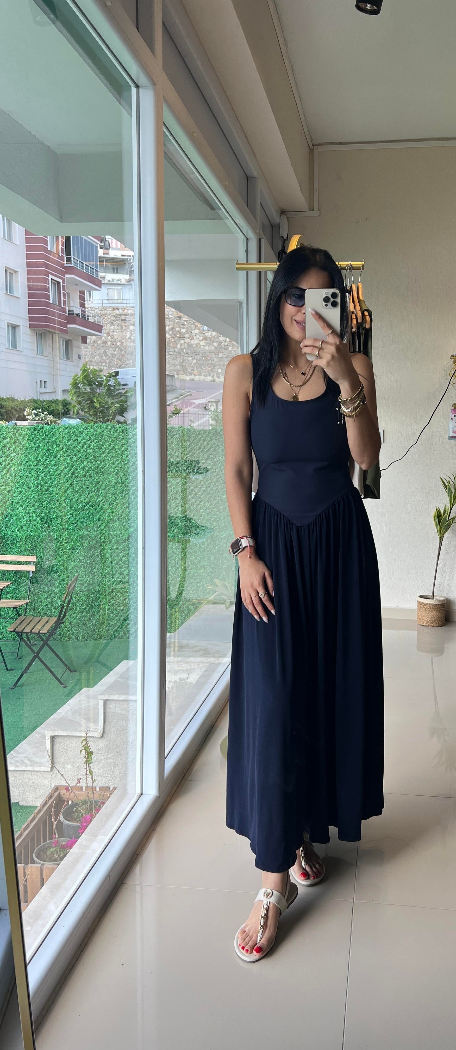 36331 KALIN ASKILI SANDY ELBİSE LACİVERT