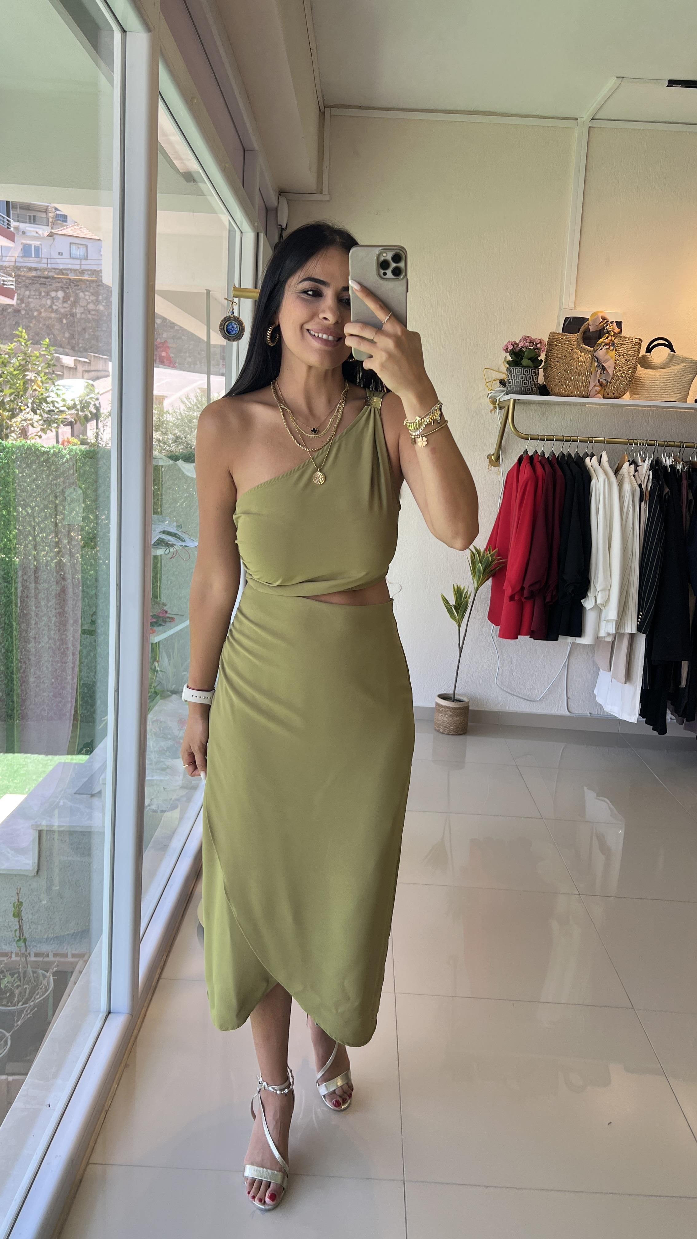 36444 PENCERE DETAYLI ELBİSE YAĞ YEŞİLİ