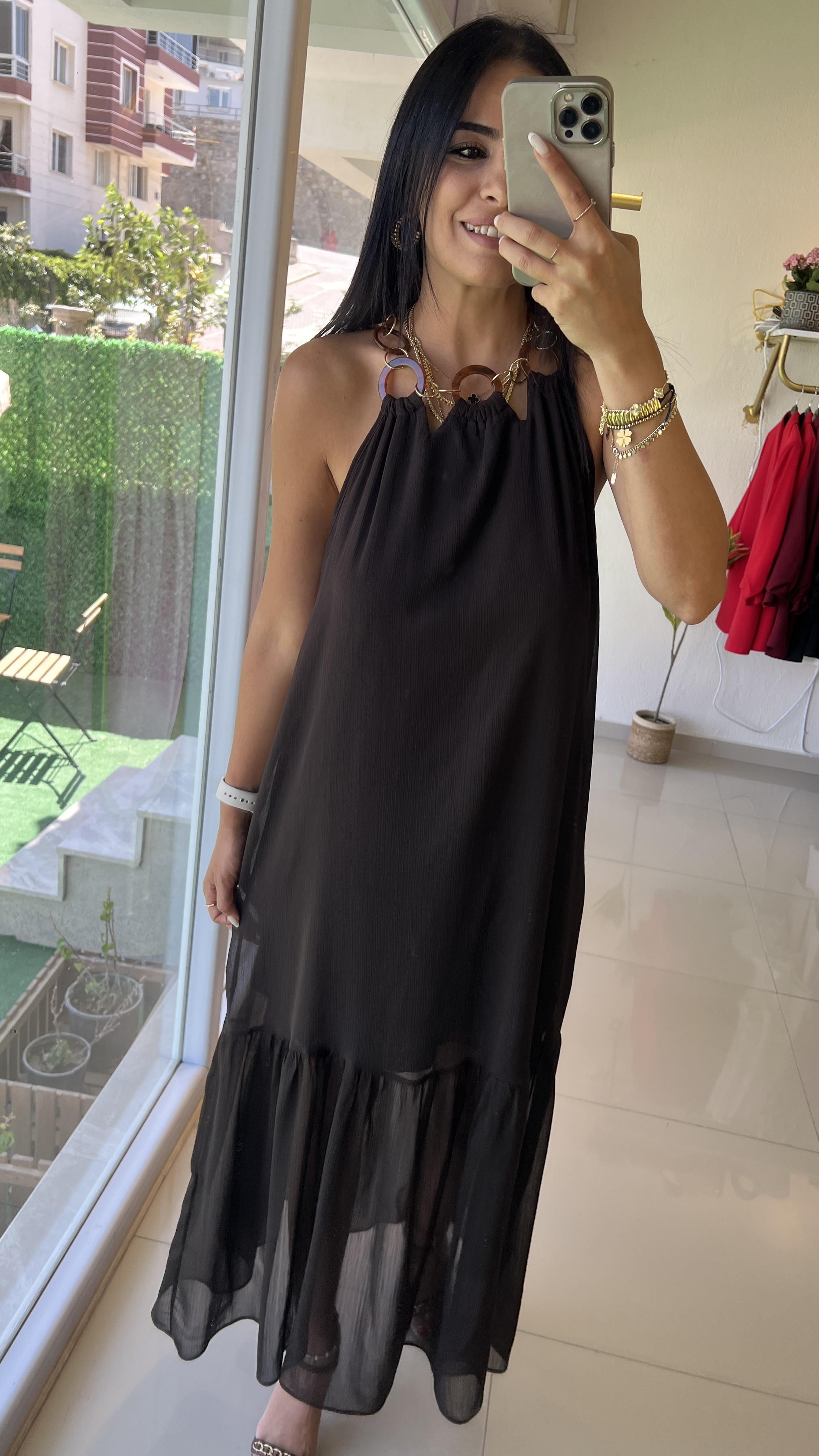 36542 HALKALI HALTER YAKA MİDİ ELBİSE KAHVE