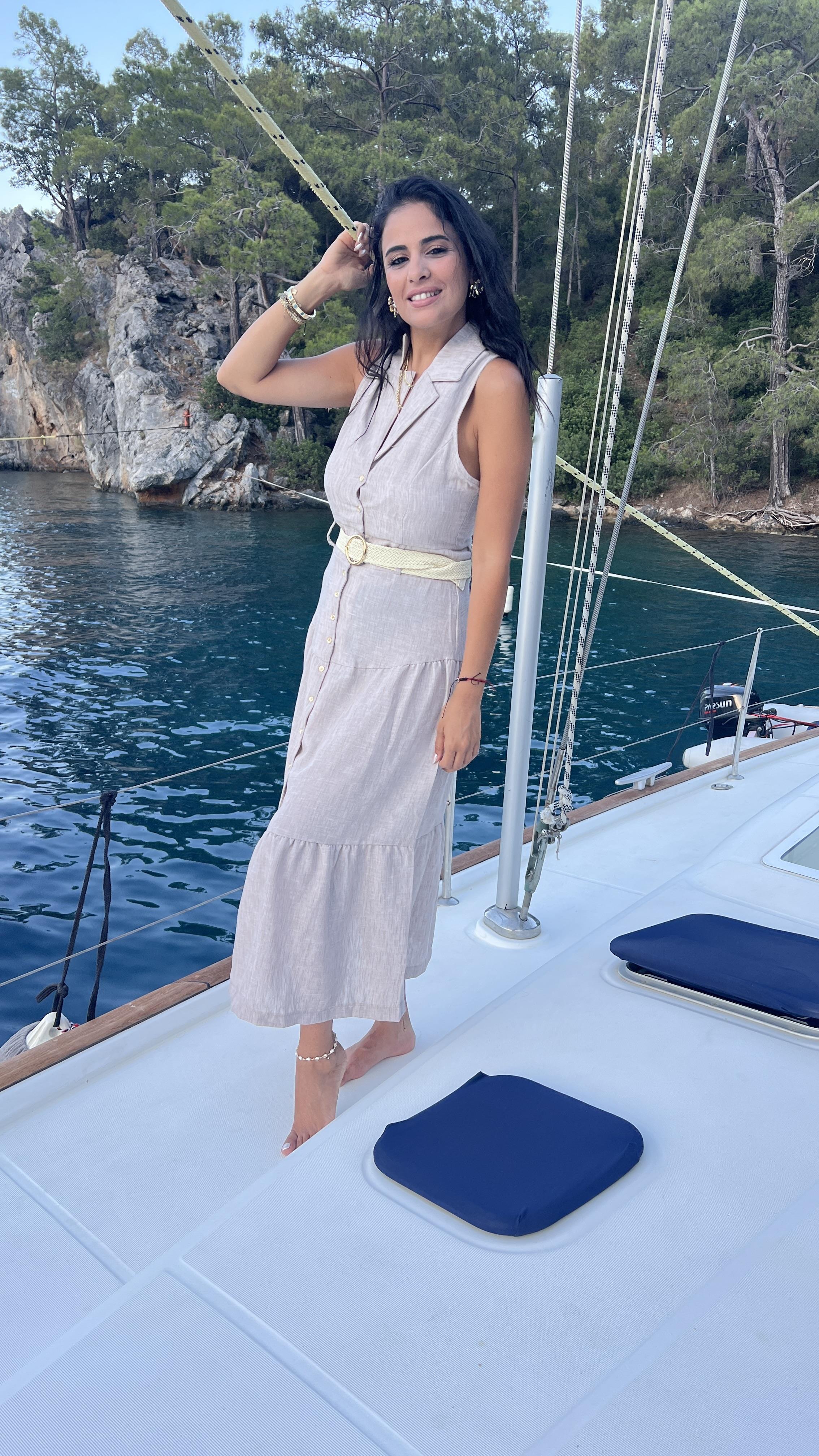 36549 ZR MODEL KETEN KEMERLİ MİDİ ELBİSE BEJ 