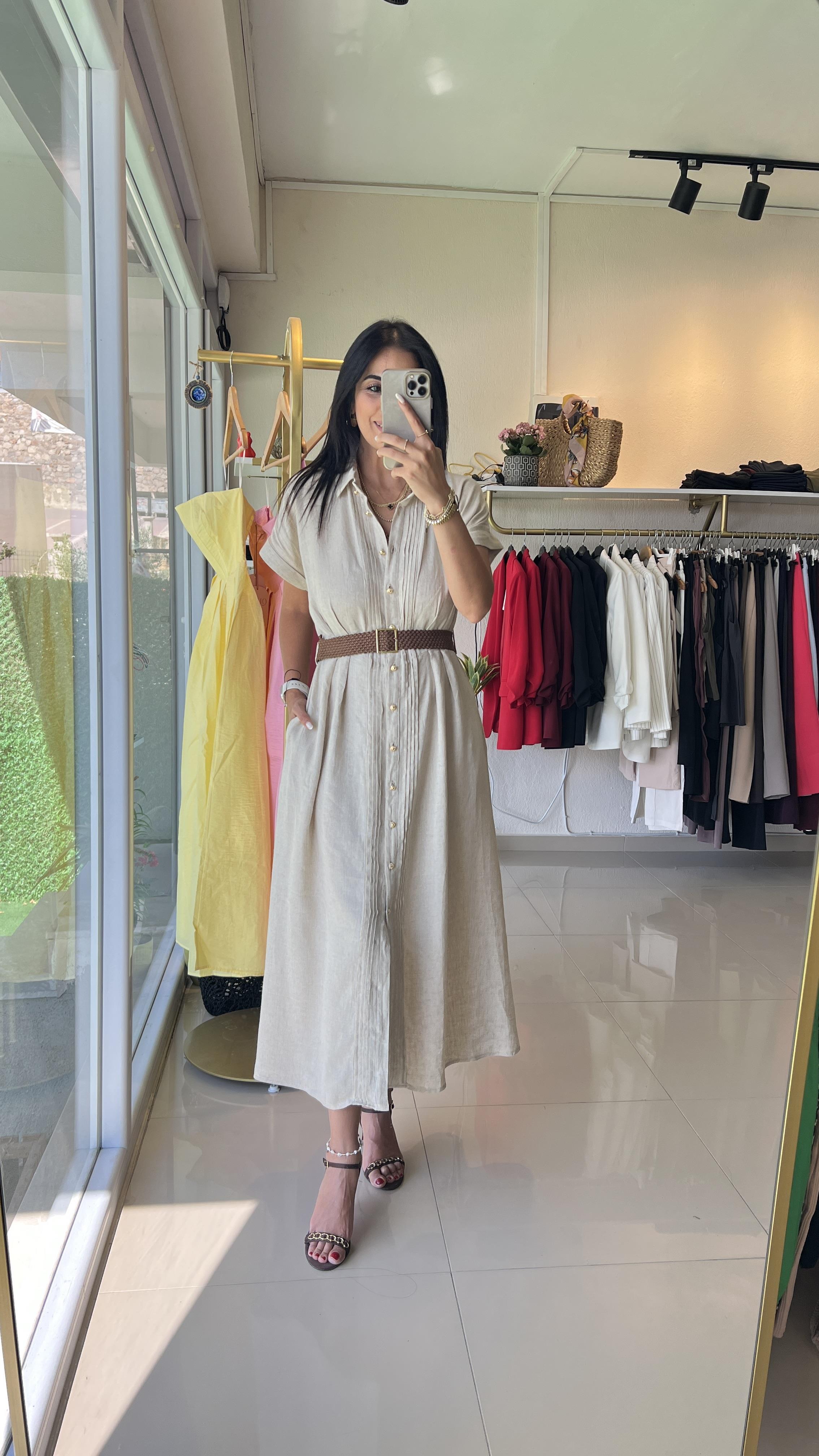 36552 ORJİNAL MODEL MİDİ KETEN ELBİSE BEJ 