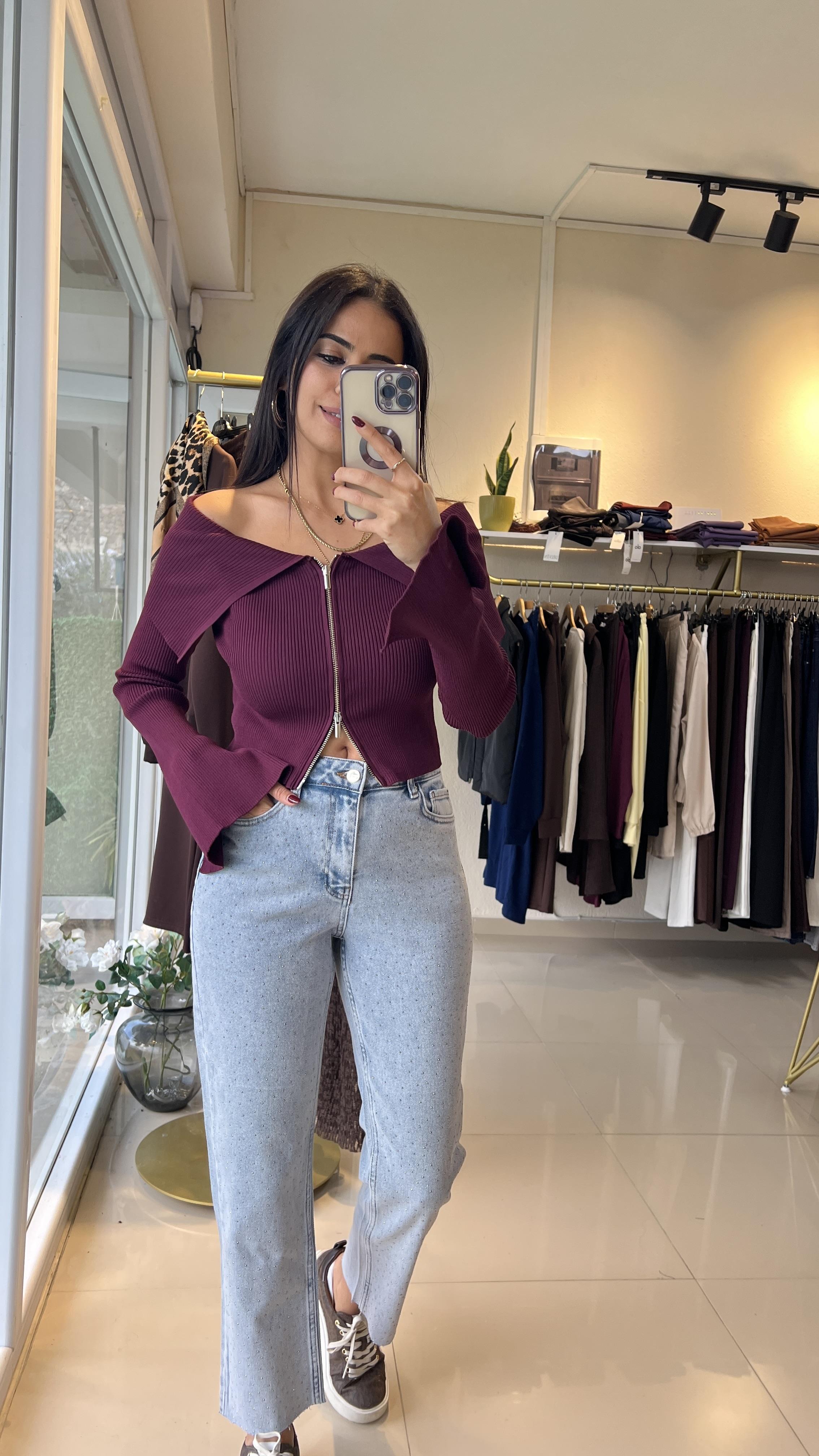 60252 Fermuarlı Fitilli Triko Hırka Bordo